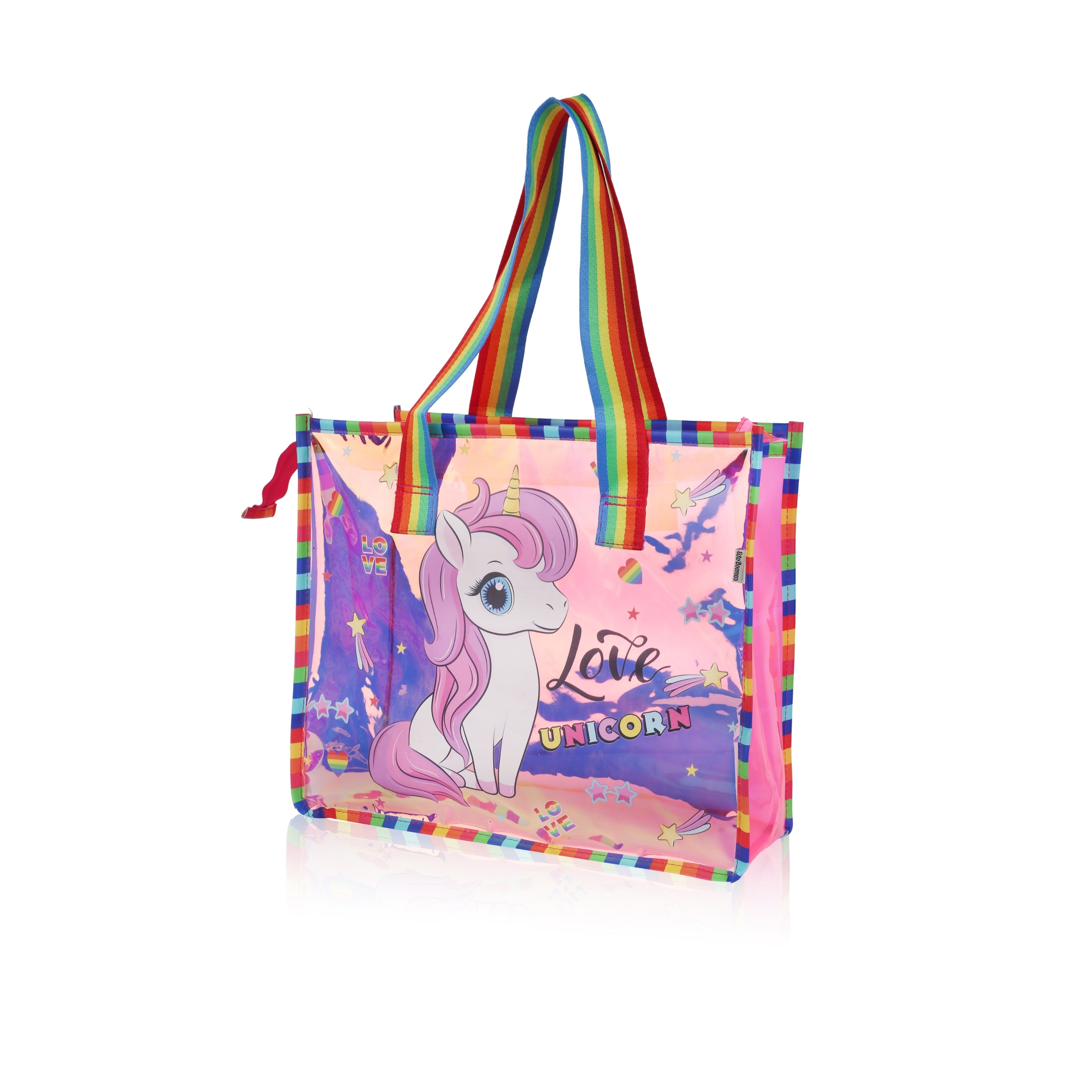 Echo Boomers Cute Mermaid,Magical Unicorn Wings,Astronaut, Stylish Cat,Cute Love Unicorn Transparent 50 GsmTote Bag – Rainbow Handles | Spacious, Durable & Stylish PVC Bag