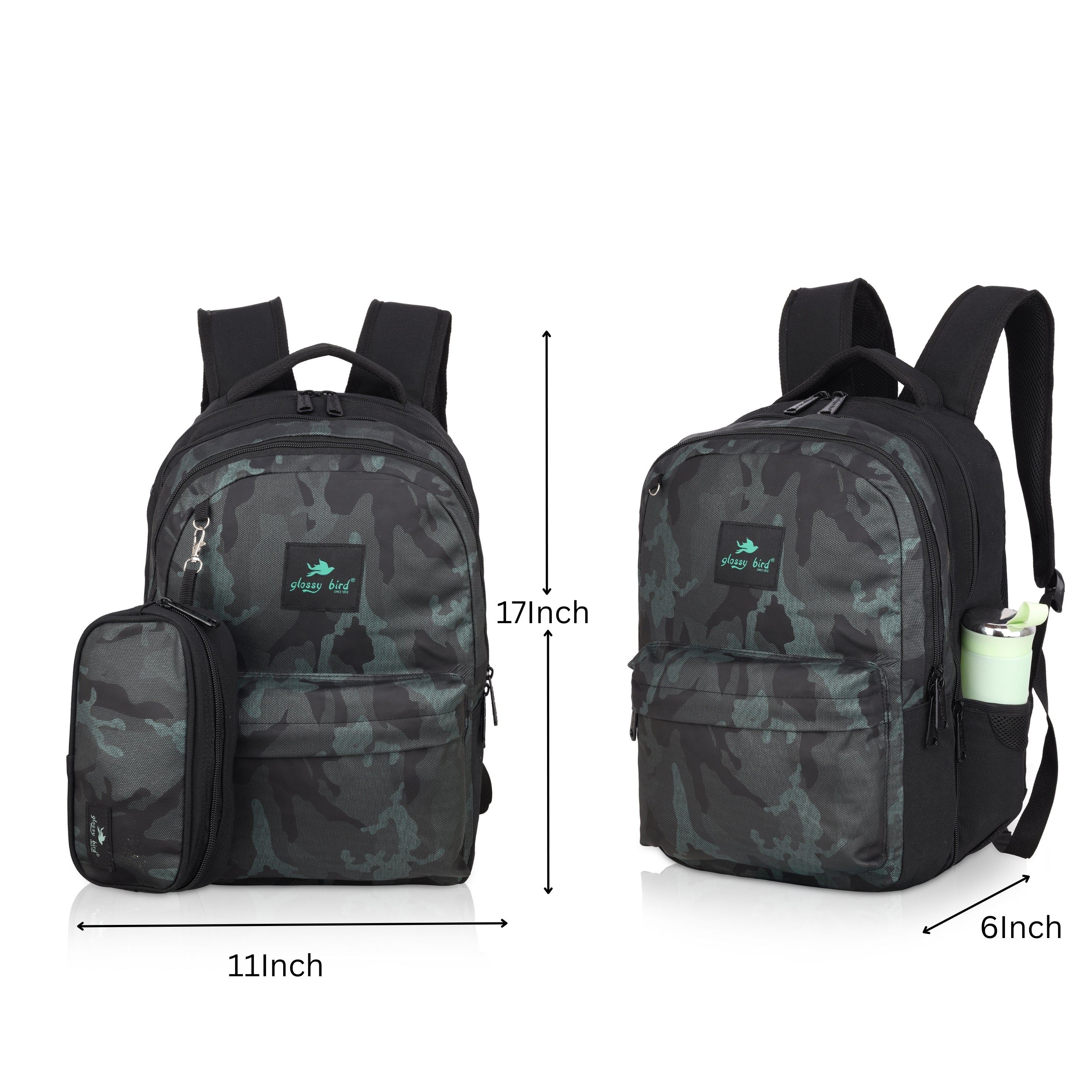 Echo Boomers Glossy Bird Backpack – Water-Resistant Unisex Bag with 4 Compartments, Bottle Holder, Detachable Pouch & Padded Straps – Travel & School Backpack (SKY)