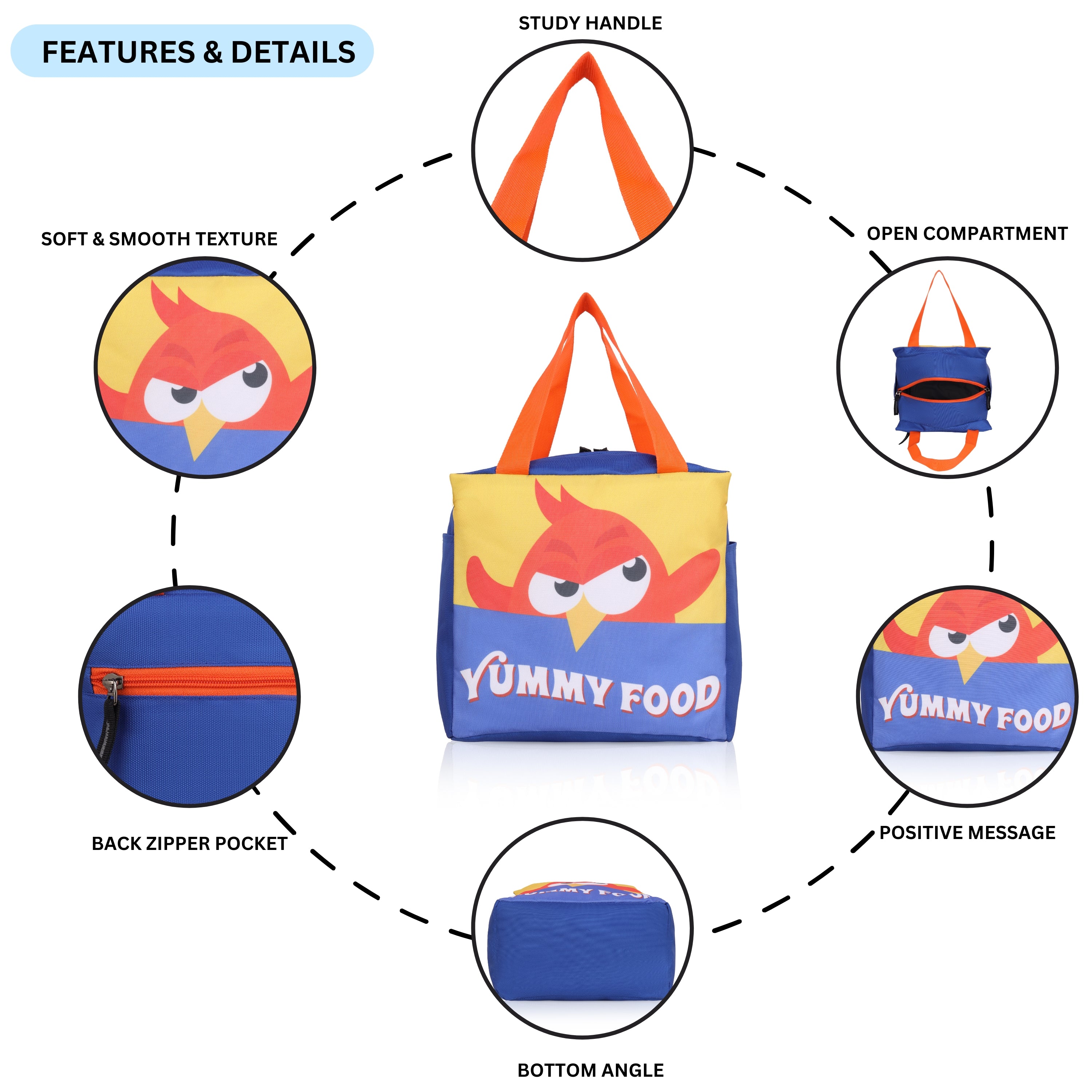 Echo Boomers Yummy Food Blue Lunch Bag with Orange Bird Print for Kids | Stylish, Lightweight & Durable | School, Travel & Picnic Use | Premium Zipper, Sturdy Handle, Easy to Clean