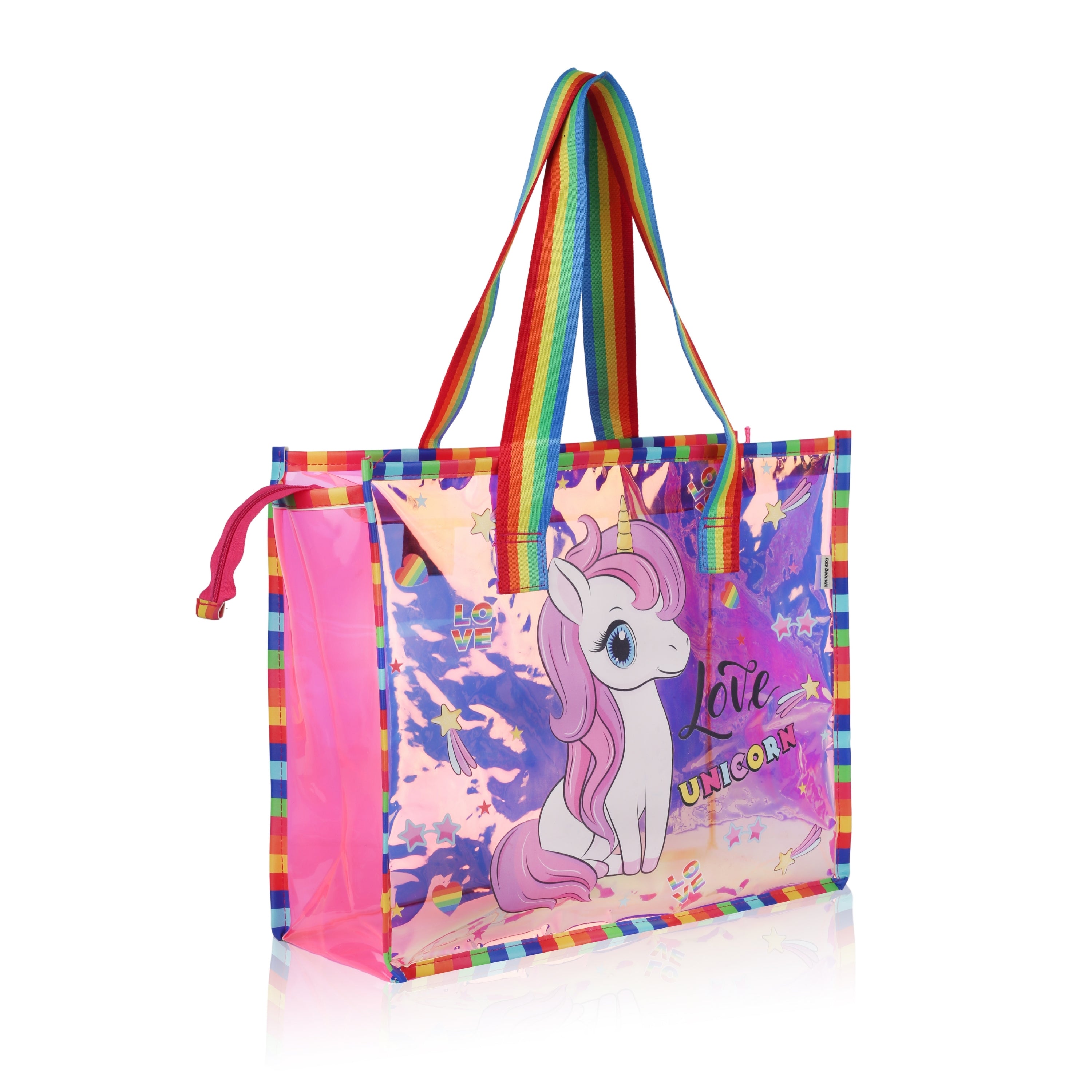Echo Boomers Cute Mermaid,Magical Unicorn Wings,Astronaut, Stylish Cat,Cute Love Unicorn Transparent 50 GsmTote Bag – Rainbow Handles | Spacious, Durable & Stylish PVC Bag