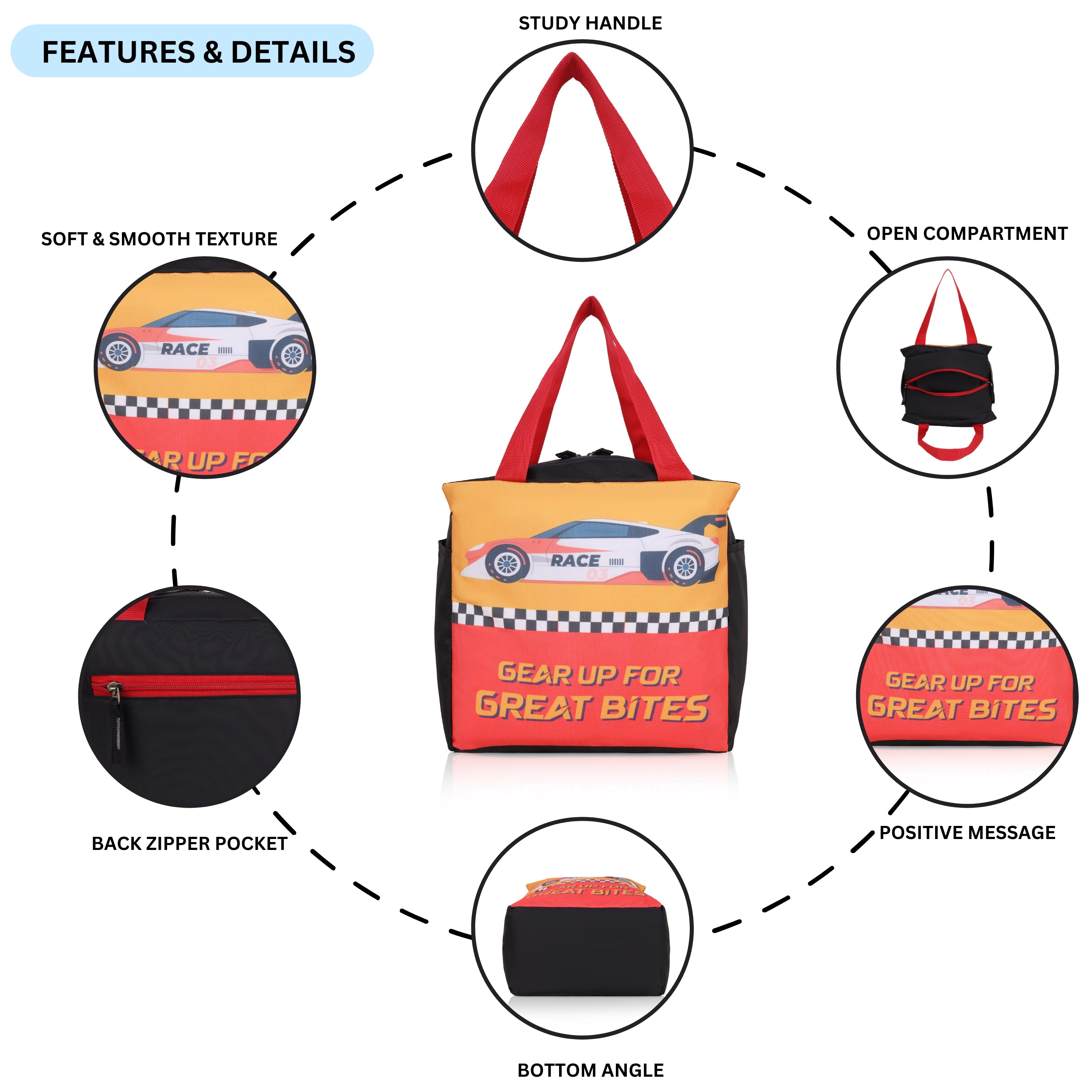 Echo Boomers Gear Up for Great Bites Race Car Black Lunch Bag for Kids | Stylish, Lightweight & Durable | School, Travel & Picnic Use | Premium Zipper, Sturdy Handle, Easy to Clean