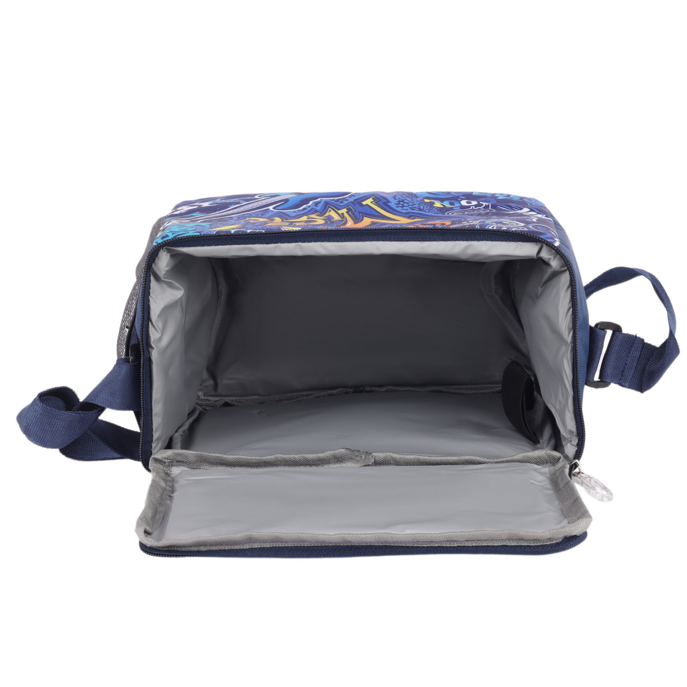 Echo Boomers Music Printed Insulated Lunch Bag, Tiffin and Food Storage Bag for Work, Students, Office, Picnic, College & School with Bottle Holder & Multiple Zipper Pockets (Blue)