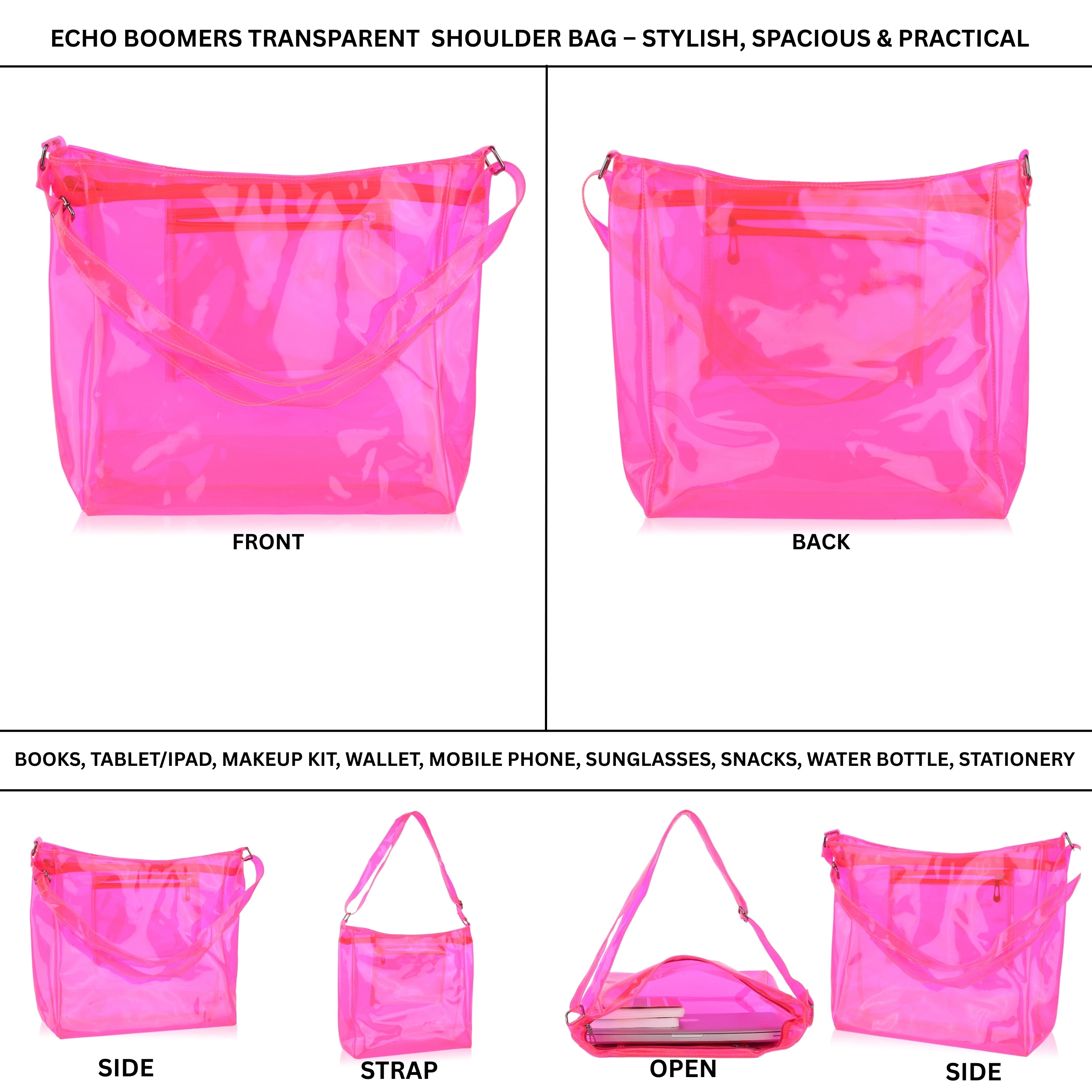 Echo Boomers Transparent Shoulder Bag – Neon Orange, Pink, Green ,Purple, Yellow & Blue| Stylish, Spacious, Durable & Multipurpose PVC Tote