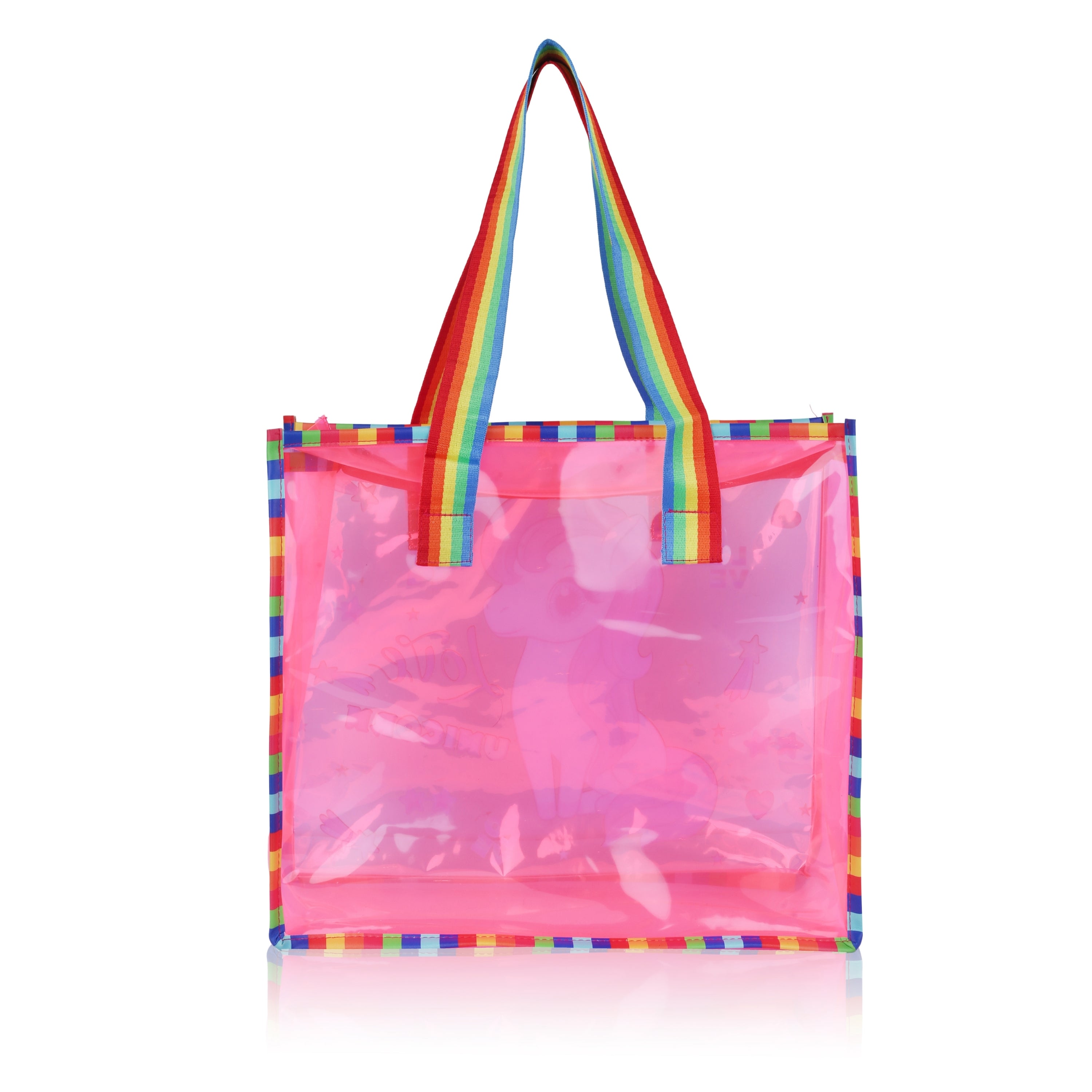 Echo Boomers Cute Mermaid,Magical Unicorn Wings,Astronaut, Stylish Cat,Cute Love Unicorn Transparent 50 GsmTote Bag – Rainbow Handles | Spacious, Durable & Stylish PVC Bag
