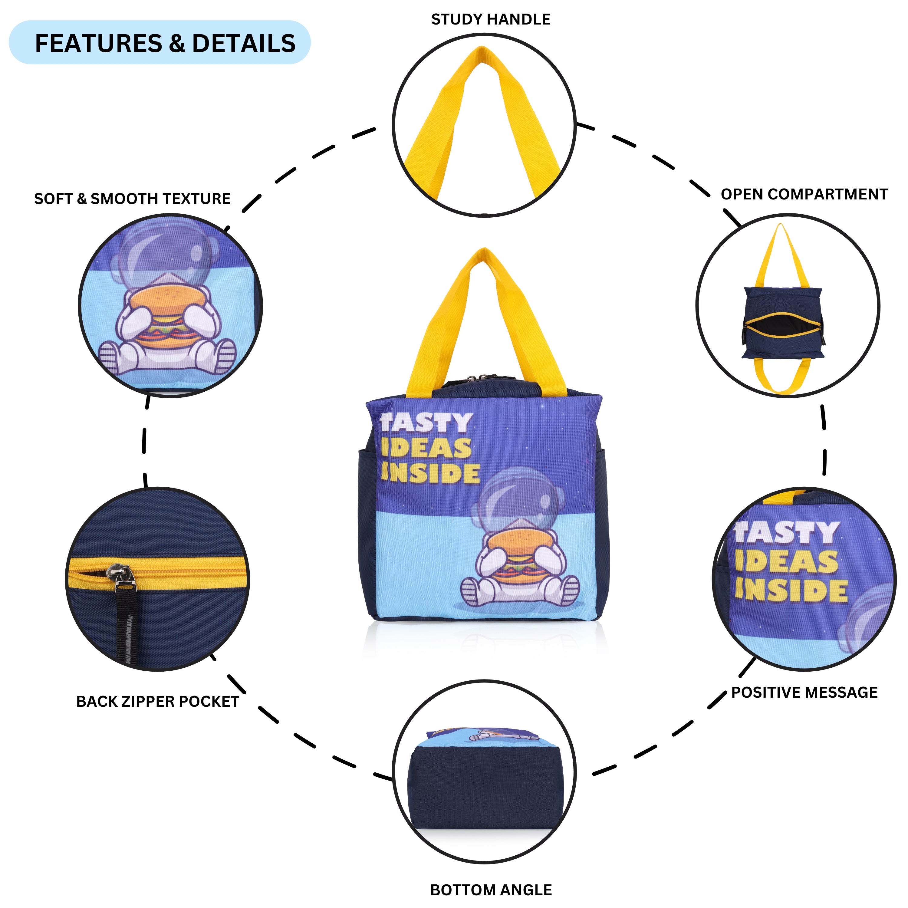 Echo Boomers Tasty Ideas Inside Spaceman Blue Lunch Bag for Kids | Stylish, Lightweight & Durable | School, Travel & Picnic Use | Sturdy Handle, Premium Zipper, Easy to Clean