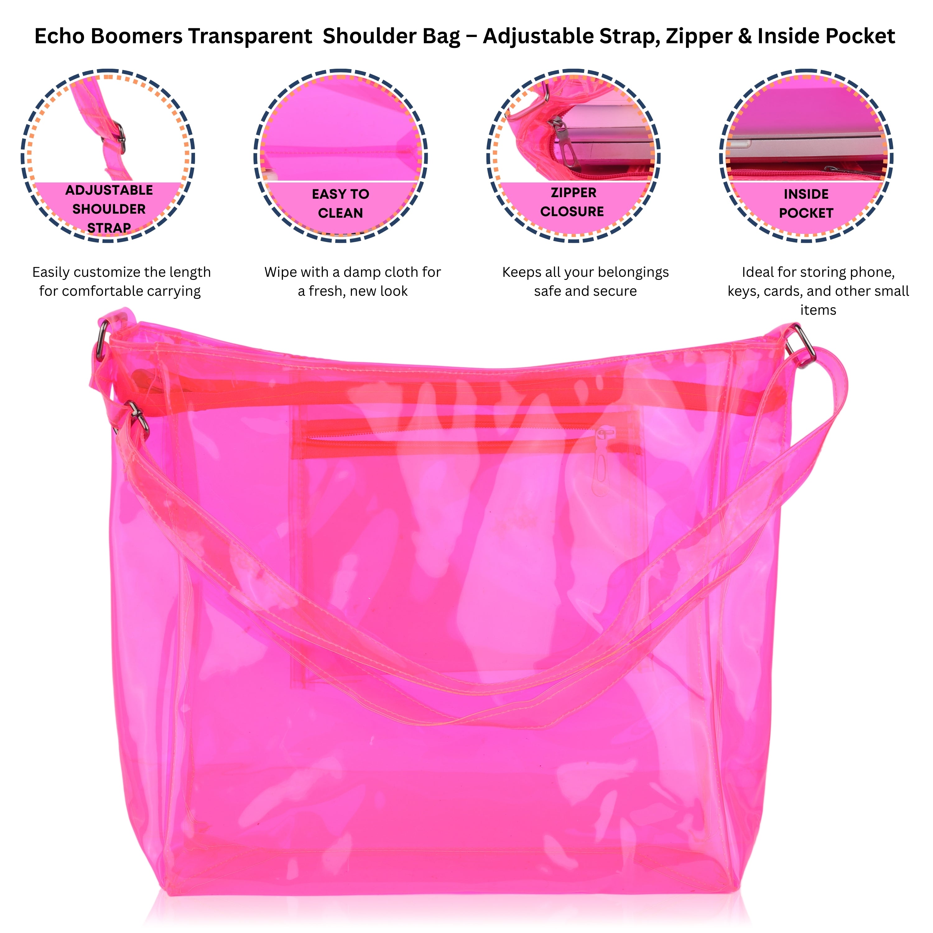 Echo Boomers Transparent Shoulder Bag – Neon Orange, Pink, Green ,Purple, Yellow & Blue| Stylish, Spacious, Durable & Multipurpose PVC Tote