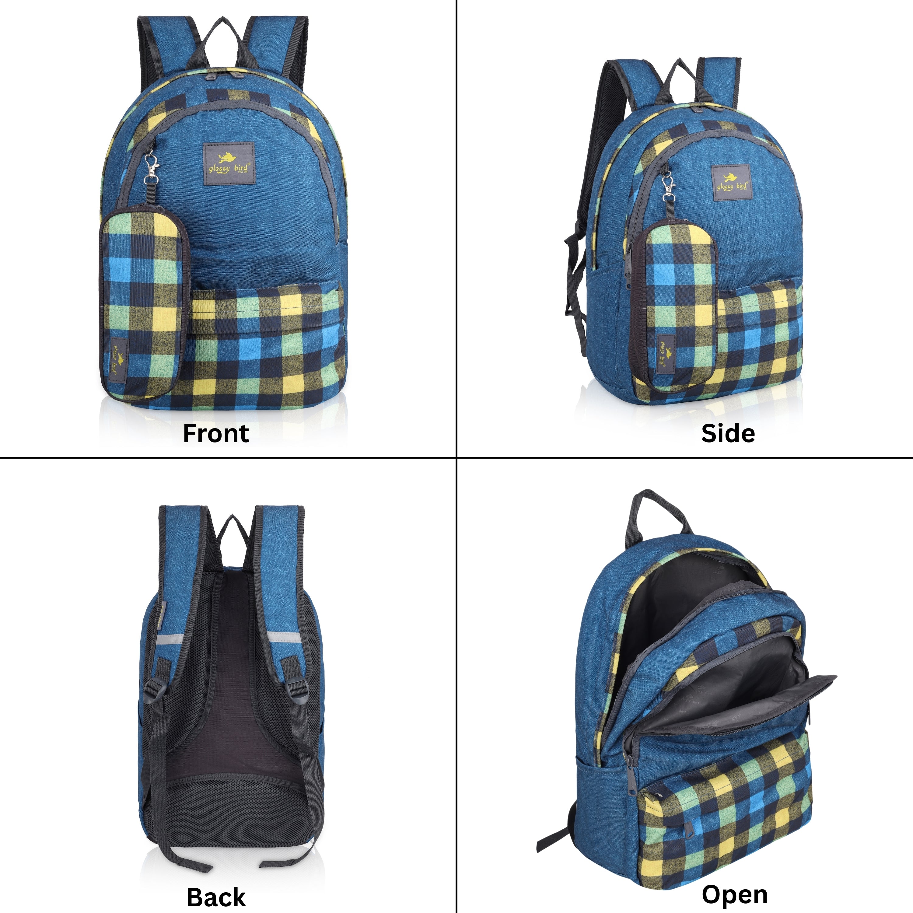 Echo Boomers Glossy Bird 21L Unisex Backpack with Pouch – Stylish Check Design, 3 Compartments, Front Pocket, Bottle Holder – Water-Resistant School, Travel, Office Bag (Yellow