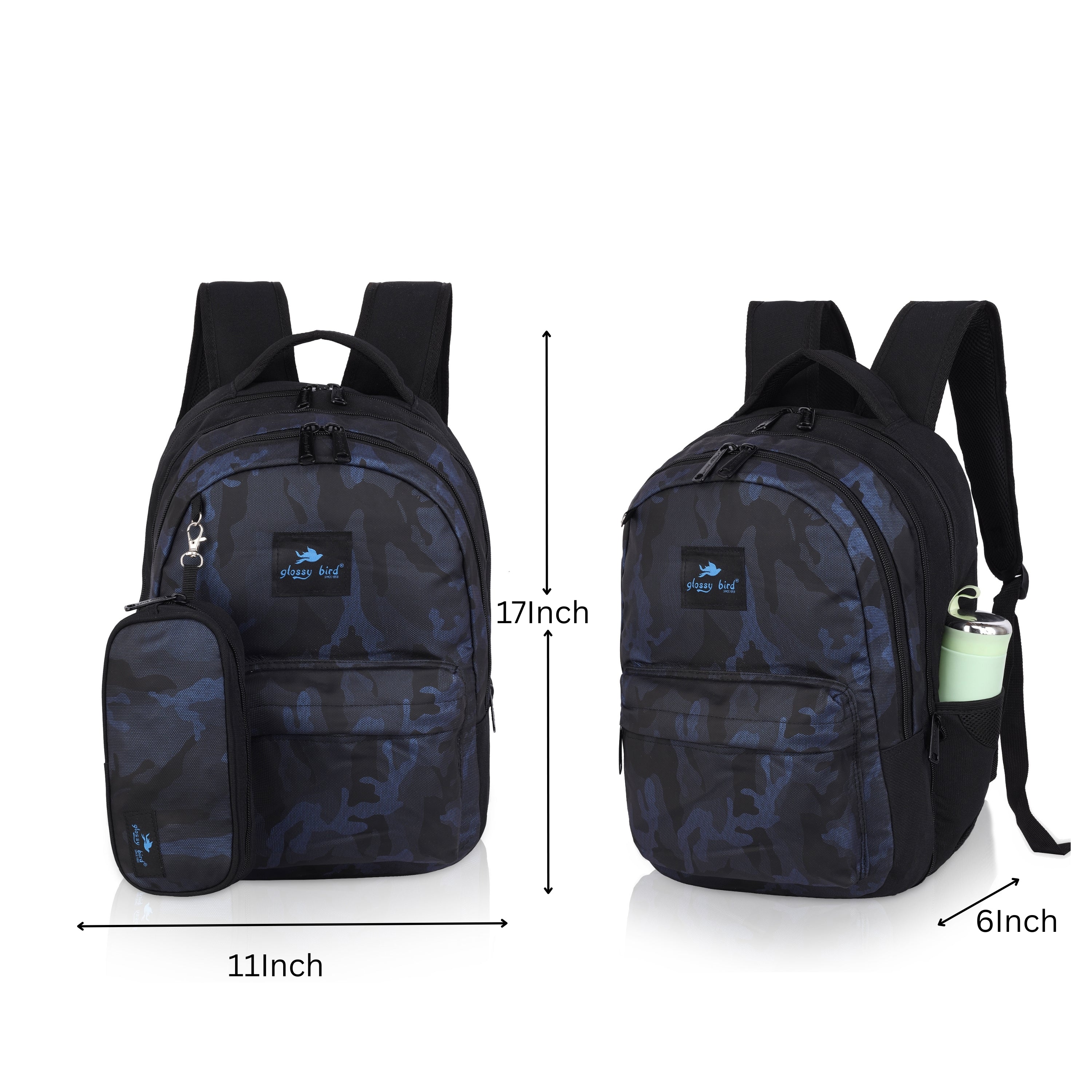Echo Boomers Glossy Bird Backpack – Water-Resistant Unisex Bag with 4 Compartments, Bottle Holder, Detachable Pouch & Padded Straps – Travel & School Backpack (SKY)
