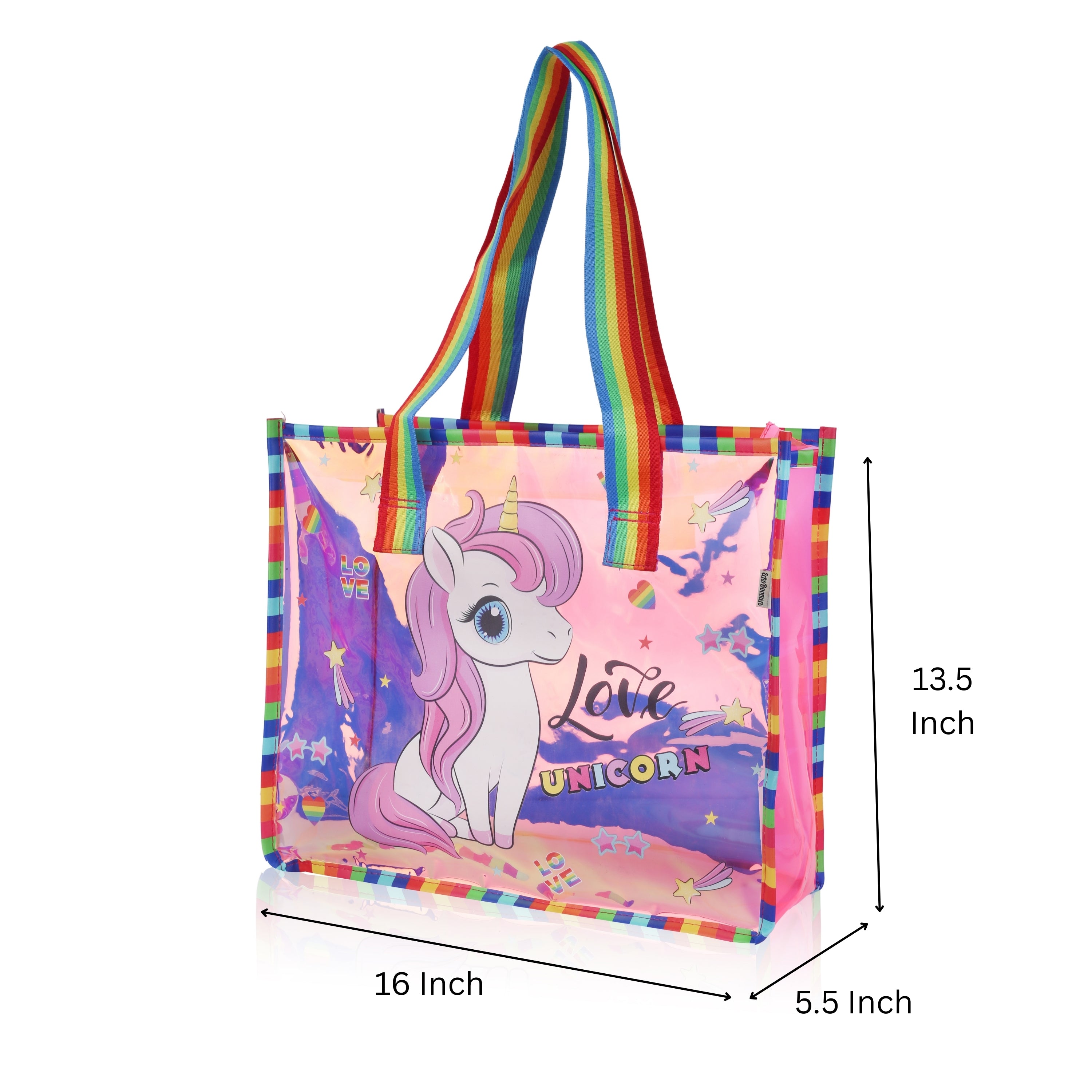 Echo Boomers Cute Mermaid,Magical Unicorn Wings,Astronaut, Stylish Cat,Cute Love Unicorn Transparent 50 GsmTote Bag – Rainbow Handles | Spacious, Durable & Stylish PVC Bag