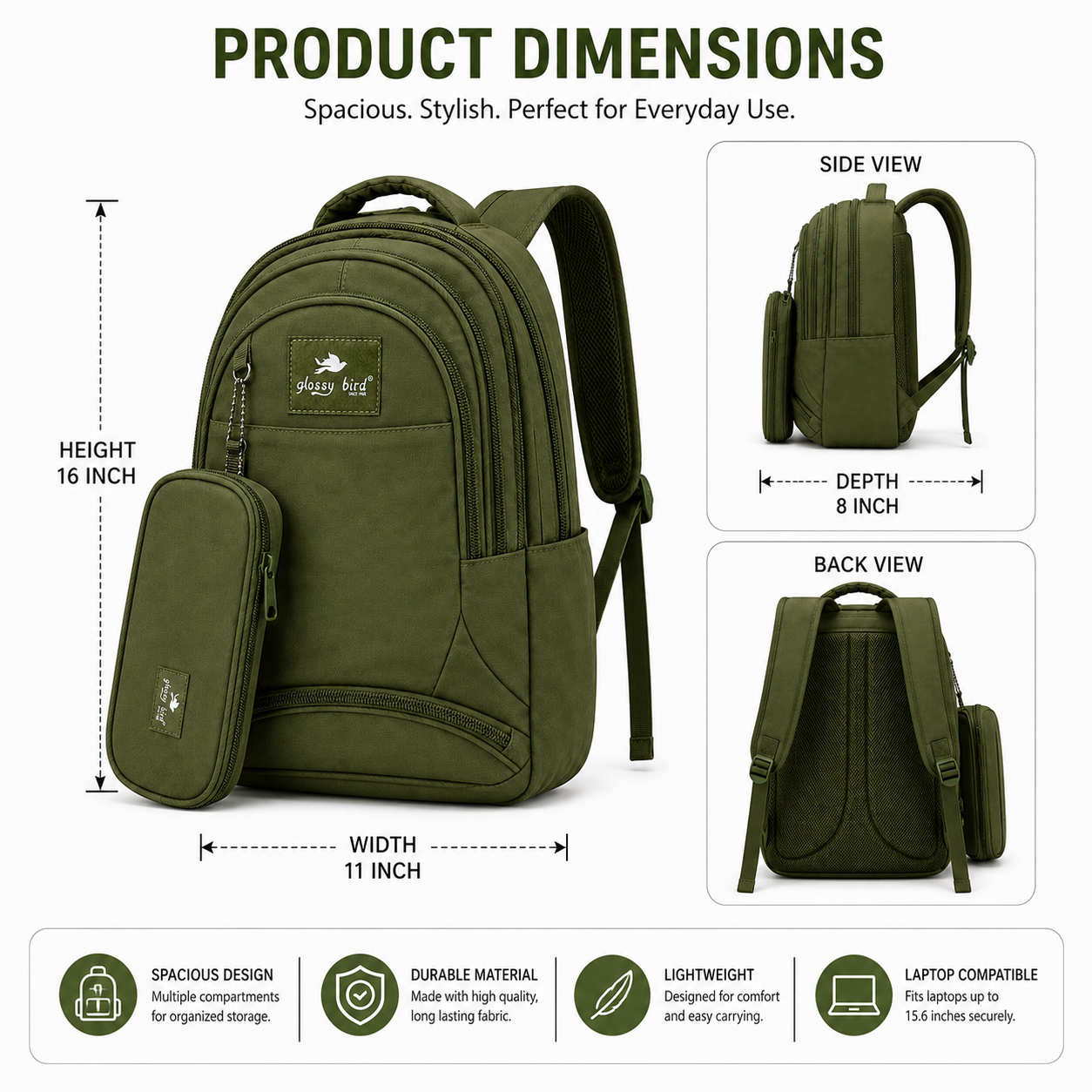 Echo Boomers Glossy Bird Explorer Backpack with Pencil Pouch | Lightweight Water-Resistant School, College, Office & Travel Backpack with Multiple Compartments