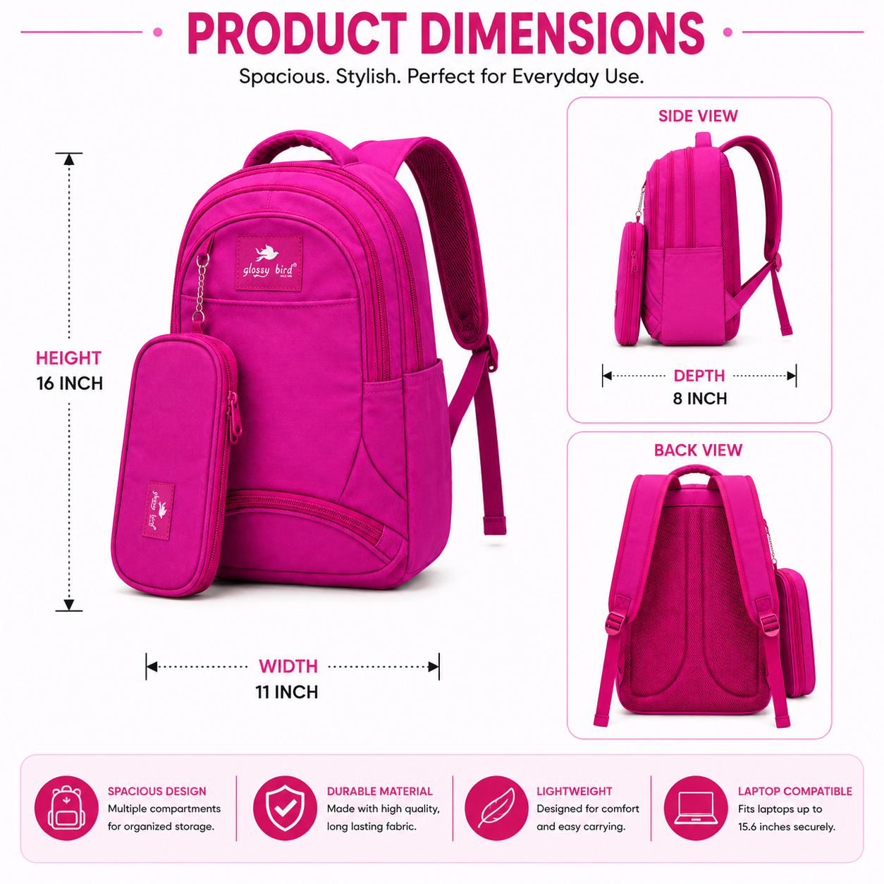 Echo Boomers Glossy Bird Explorer Backpack with Pencil Pouch | Lightweight Water-Resistant School, College, Office & Travel Backpack with Multiple Compartments