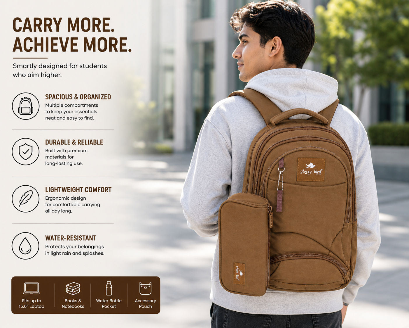 Echo Boomers Glossy Bird Explorer Backpack with Pencil Pouch | Lightweight Water-Resistant School, College, Office & Travel Backpack with Multiple Compartments