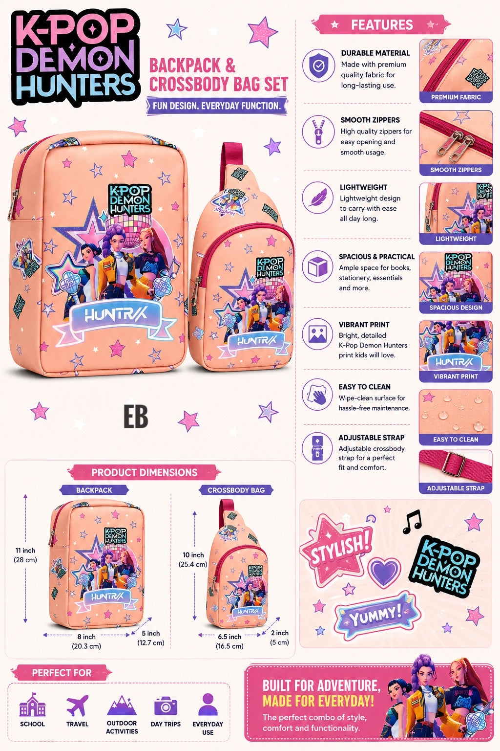 Echo Boomers Kids Backpack & Crossbody Sling Bag Set | Lightweight School Bag Combo for Boys & Girls | Premium Fabric | Smooth Zippers | Adjustable Strap | Vibrant Print