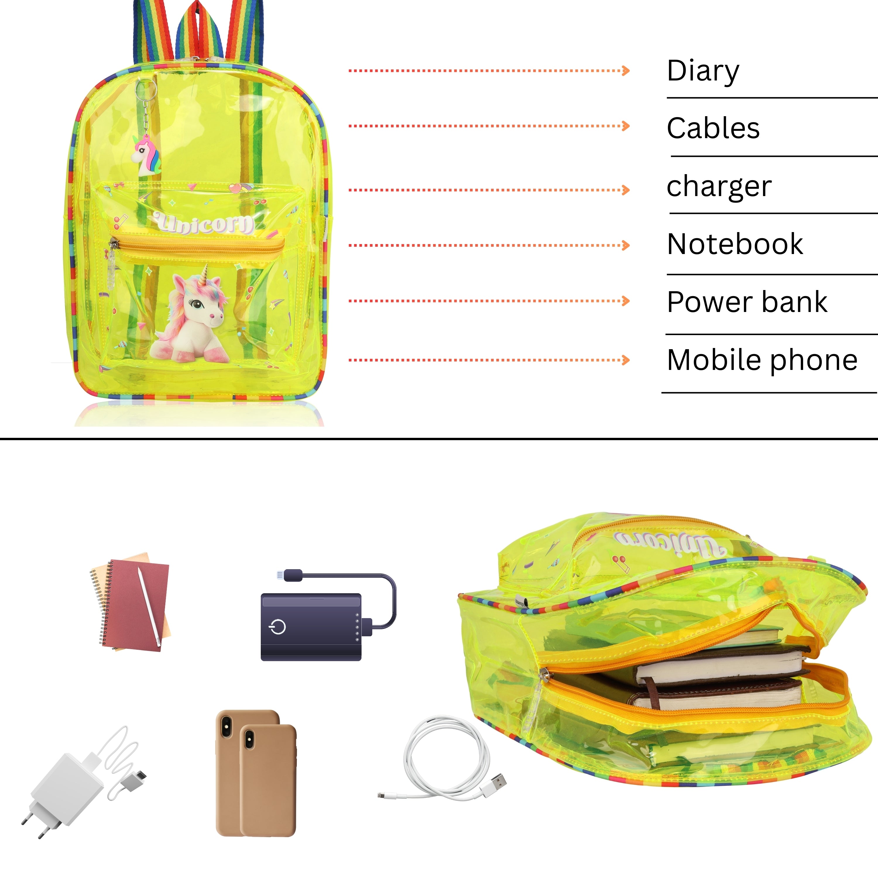 Echo Boomers Yellow Jelly Backpack Stylish, Lightweight & Durable with Unicorn Print, “Unicorn” Text, Transparent Soft Plastic, Adjustable Straps, Sturdy Handle, Premium Zipper & Versatile Design for School and Play.