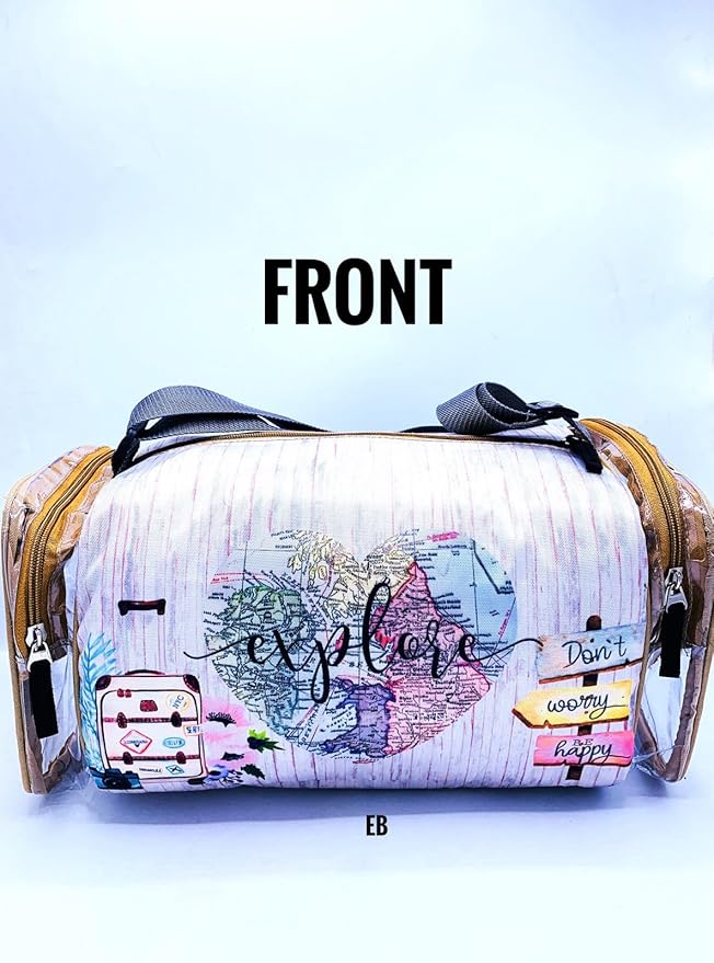 Echo Boomers White Wanderlust Print Square Travel Duffle Gym Luggage Bag with PVC Side Compartments