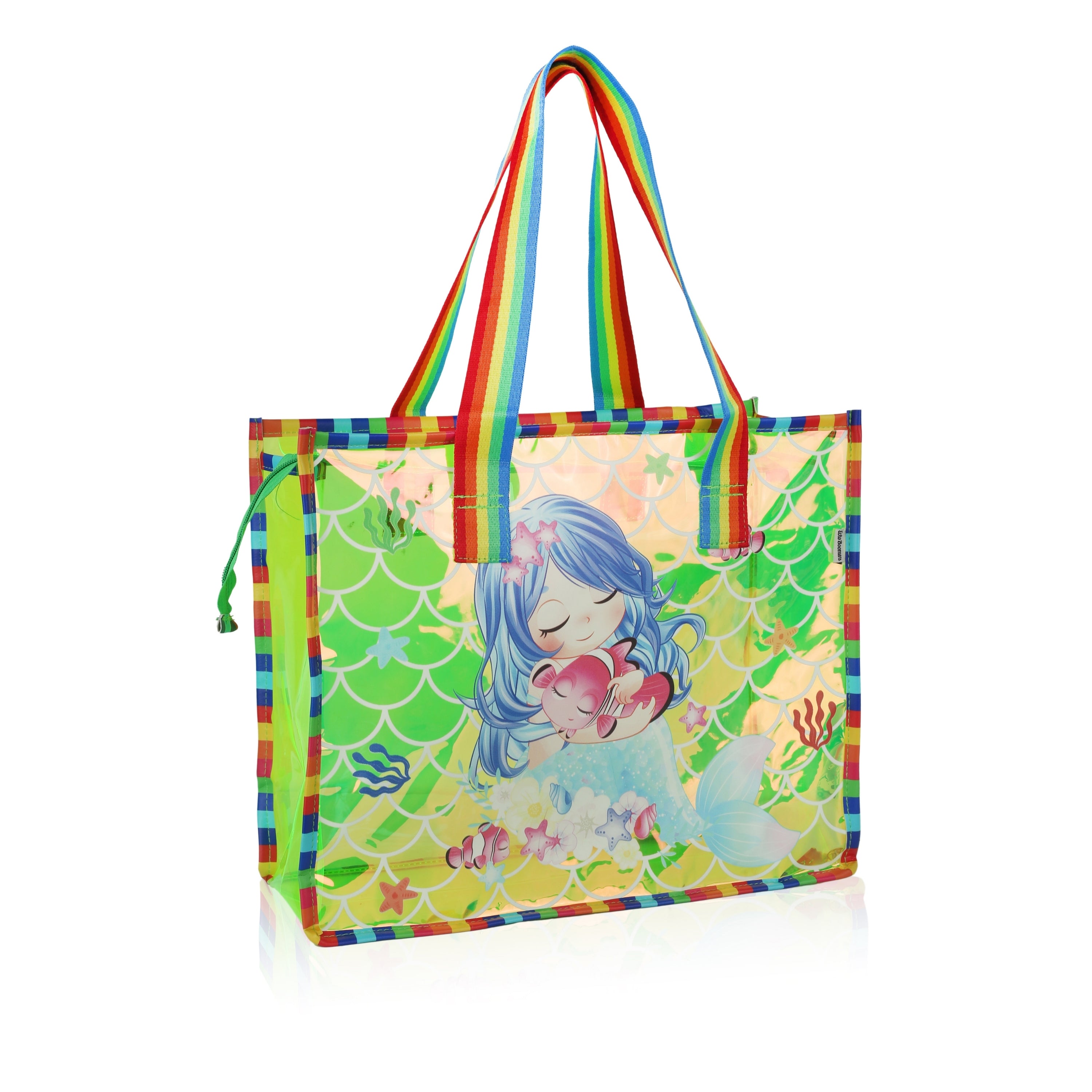 Echo Boomers Cute Mermaid,Magical Unicorn Wings,Astronaut, Stylish Cat,Cute Love Unicorn Transparent 50 GsmTote Bag – Rainbow Handles | Spacious, Durable & Stylish PVC Bag