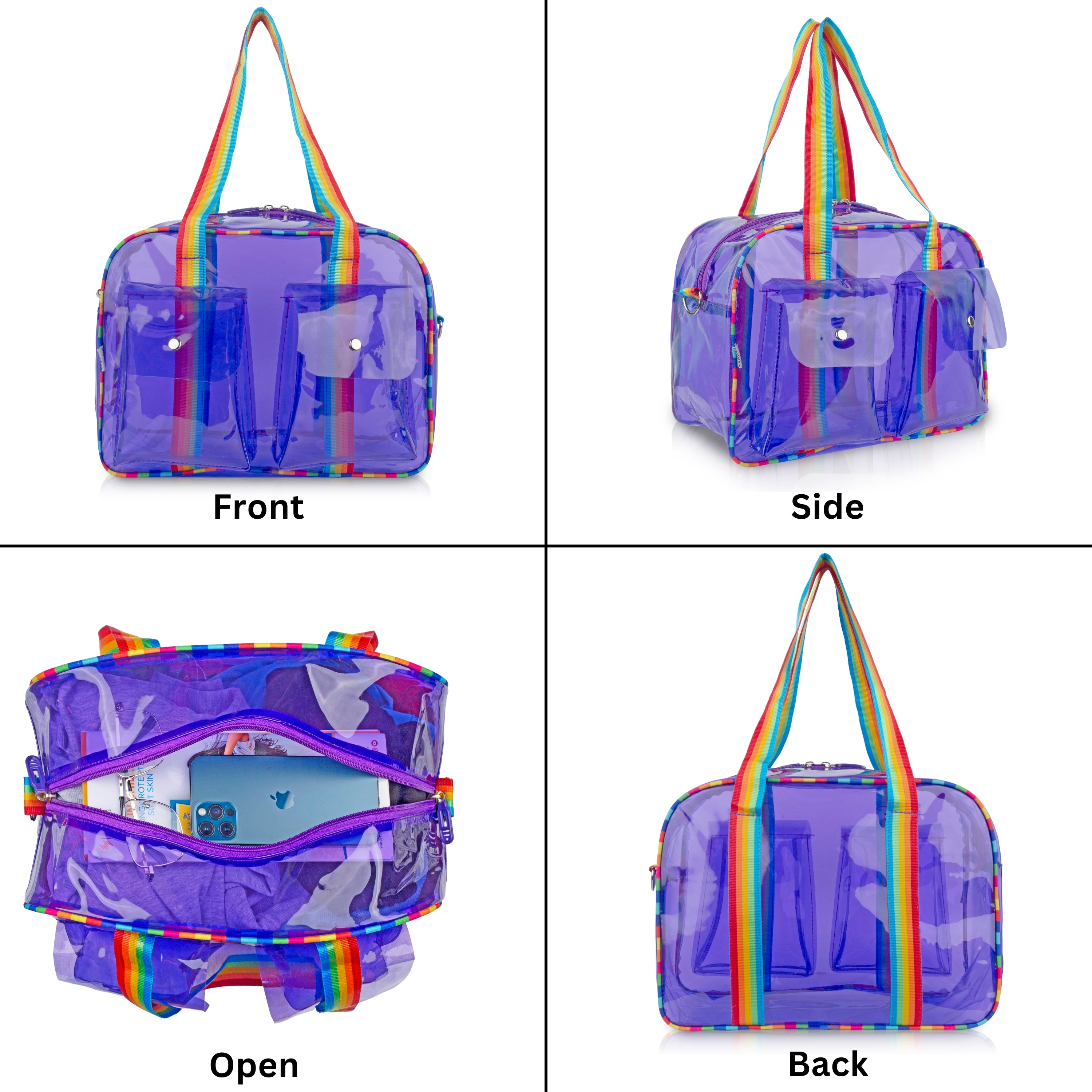 Echo Boomers Unisex Transparent Jelly Duffle Bag – Trendy  Travel Tote with Rainbow Straps & Dual Front Pockets – Fashion Gym, College & Weekend Bag