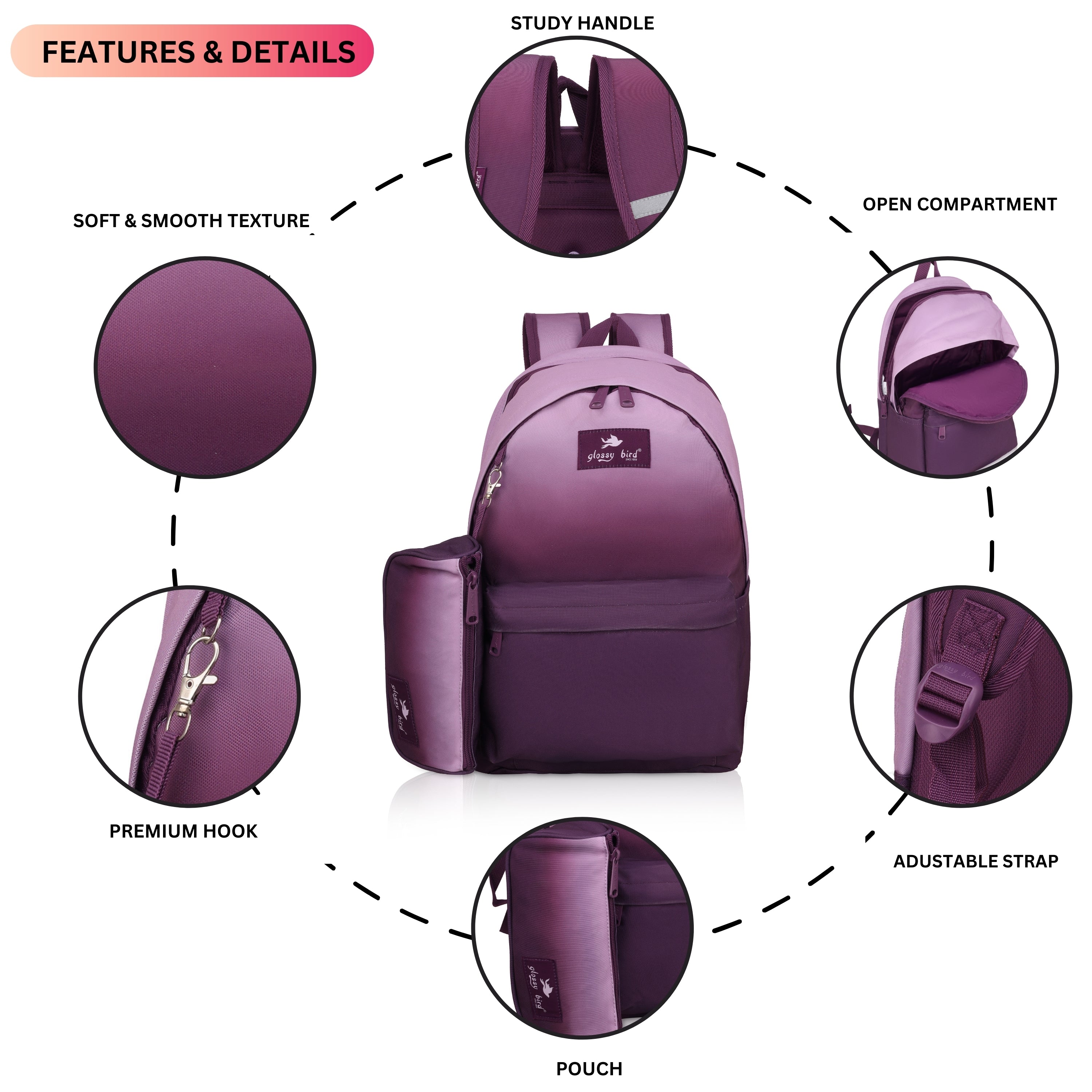 Echo Boomers Glossy Bird Backpack with Pouch – Casual Backpack with Compartments, Front Pocket, Bottle Holder – Ideal for School, College, Travel – Boys, Girls, Men, Women (Pink)