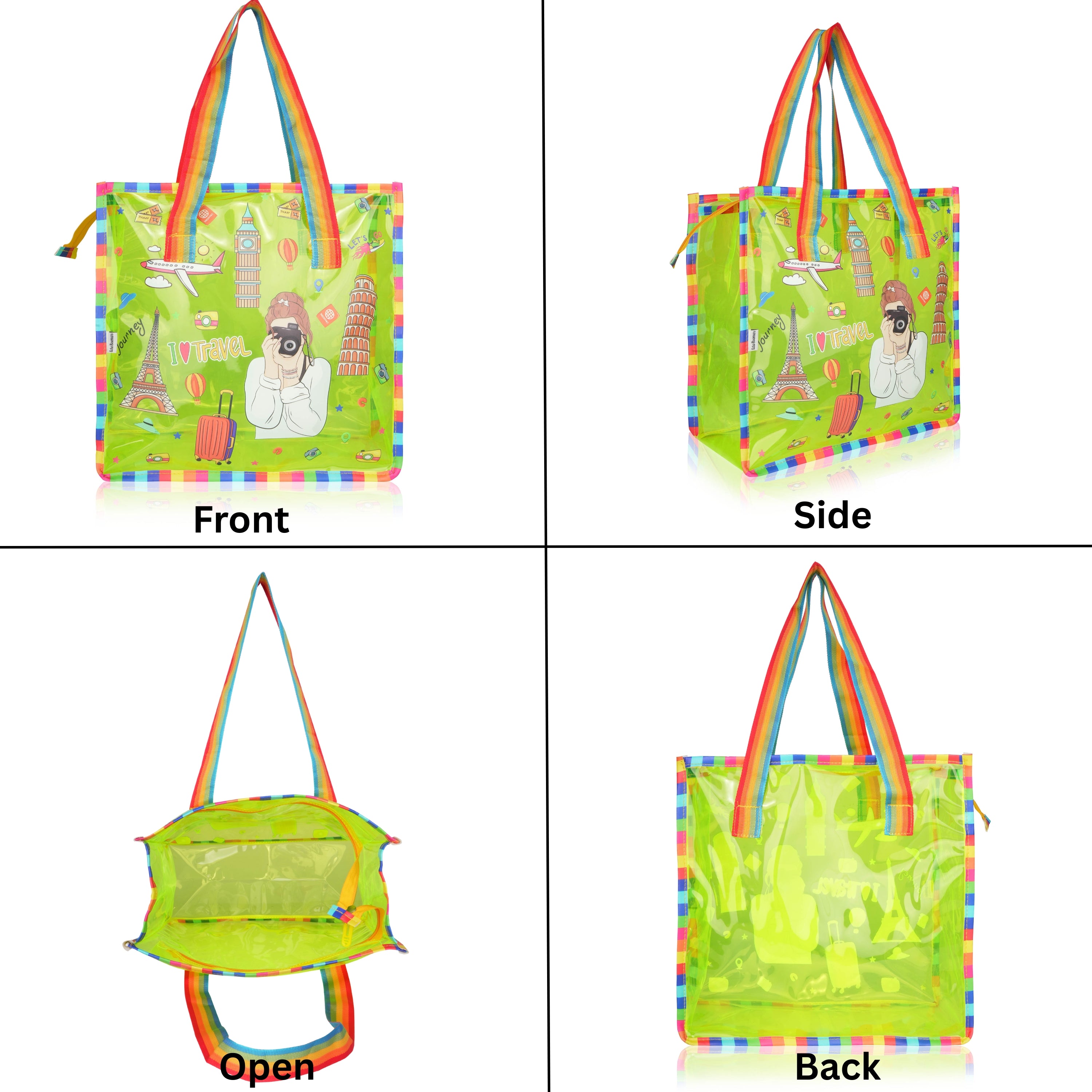 Echo Boomers Jelly Green Transparent Tote Bag for Girls & Boys | UV Printed Let’s Travel Design | Waterproof PVC Handbag | Lightweight Shopping, Outdoor, Beach & Swimming Carry Bag