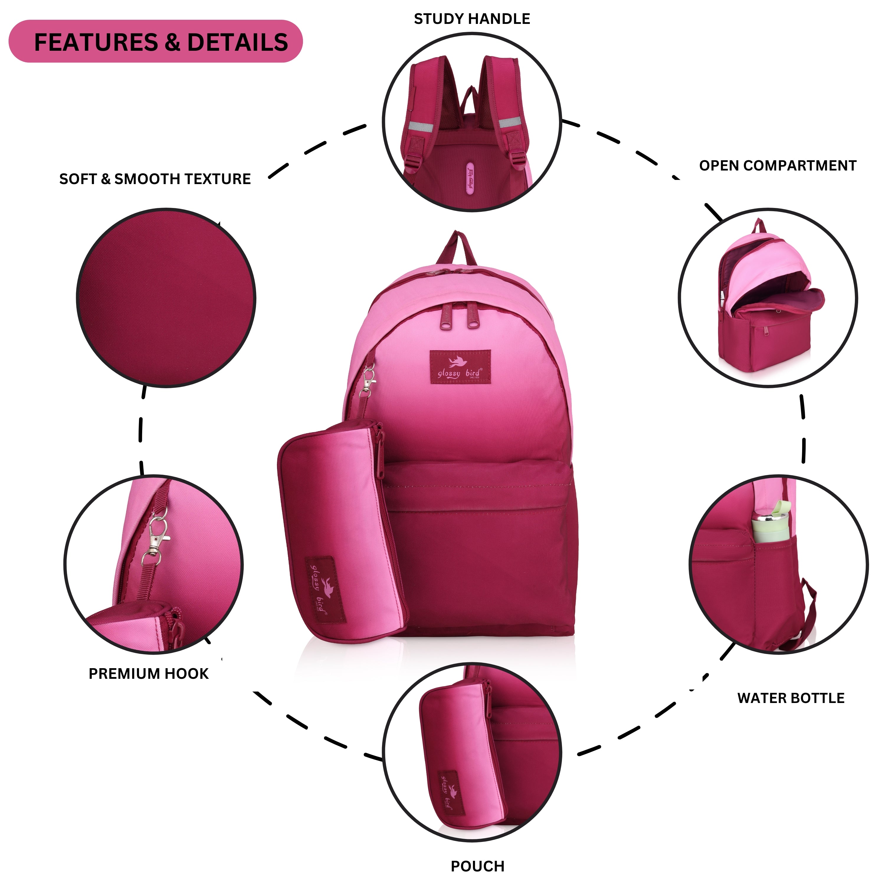 Echo Boomers Glossy Bird Backpack with Pouch – Casual Backpack with Compartments, Front Pocket, Bottle Holder – Ideal for School, College, Travel – Boys, Girls, Men, Women (Pink)
