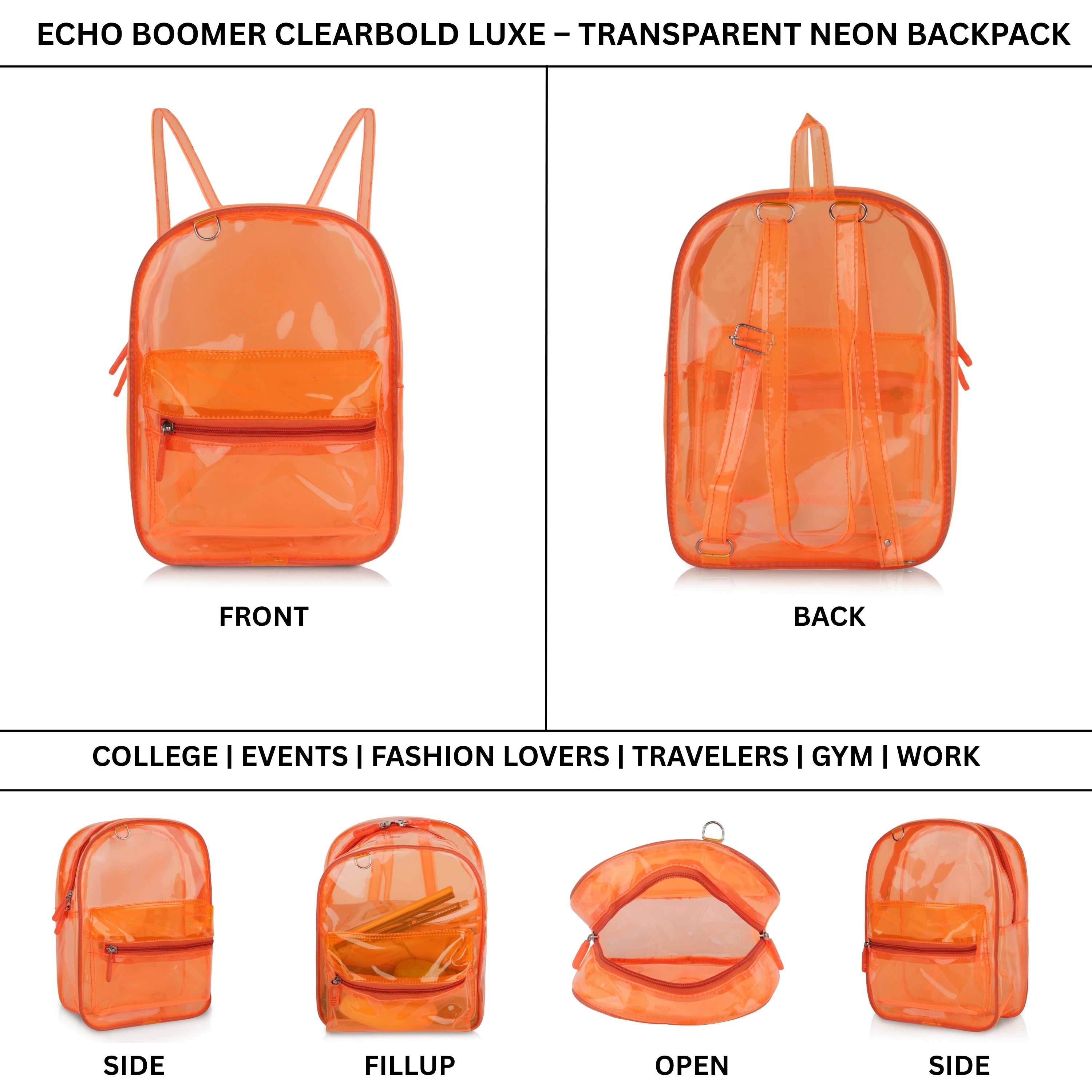 Echo Boomers Stylish Transparent Jelly Backpack | Trendy Neon  Clear Bag | 50 GSM Waterproof PVC School, College & Travel Backpack with Front Zipper Pocket