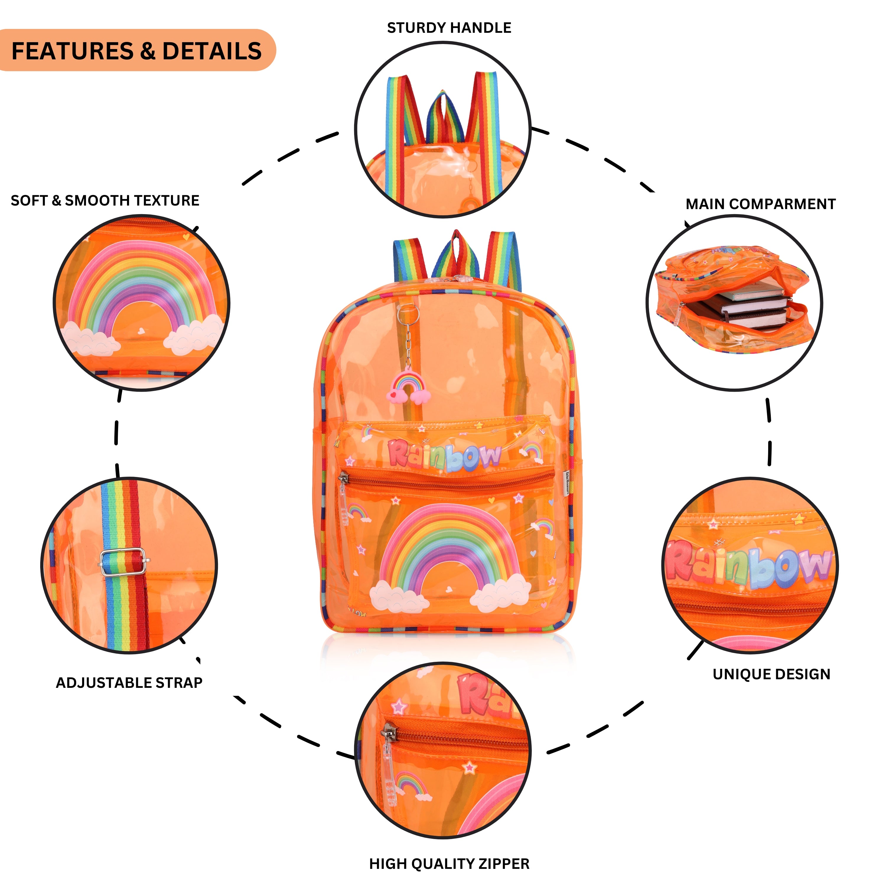 Echo Boomers Orange Jelly Backpack Stylish, Lightweight & Durable with Rainbow Print, Transprint Soft Plastic, Adjustable Straps, Sturdy Handle, Premium Zipper & Versatile Design for School, Play & Everyday Adventures.