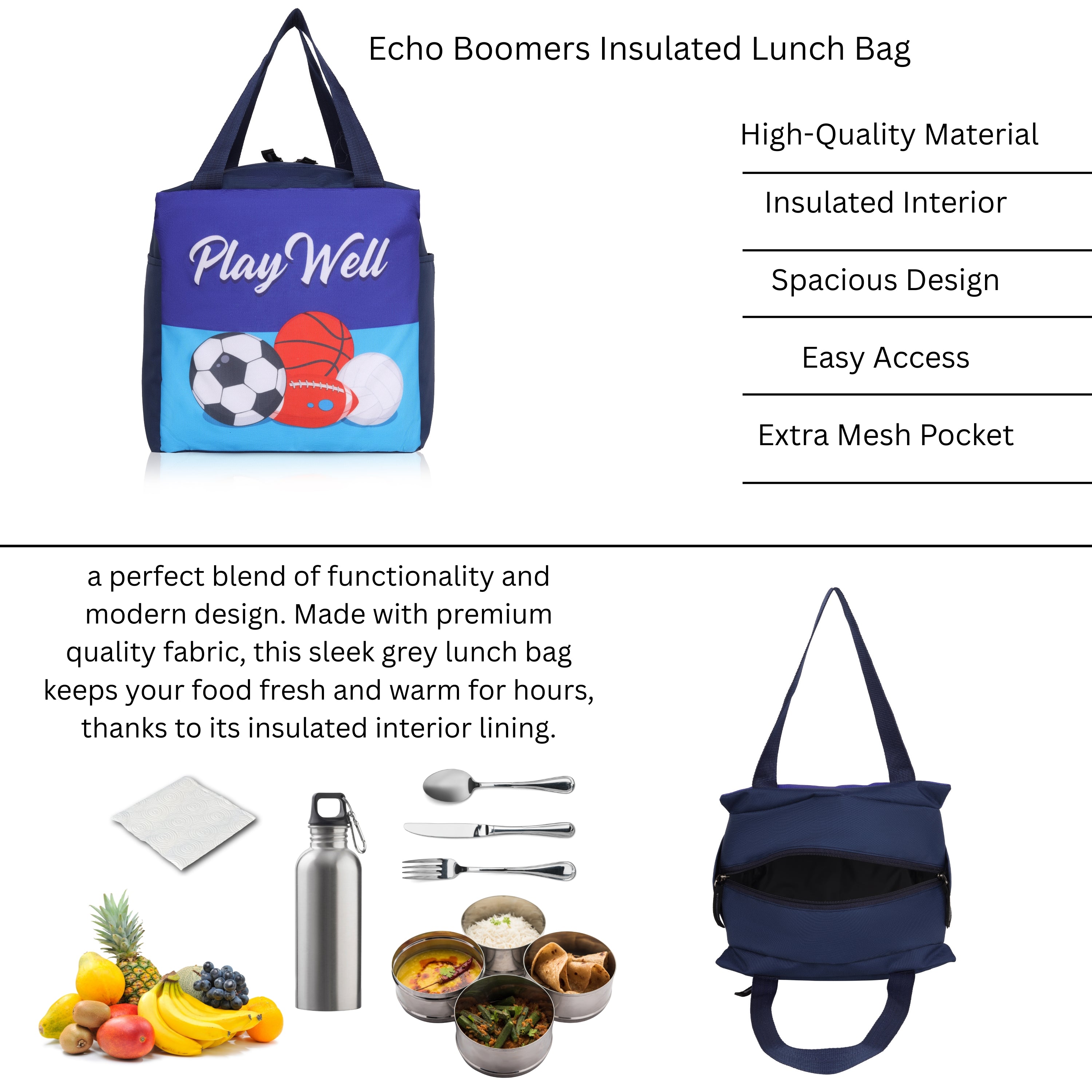 Echo Boomers Play Well Football Print Navy Lunch Bag for Kids | Stylish, Lightweight & Durable | School, Travel & Picnic Use | Premium Zipper, Sturdy Handle, Easy to Clean