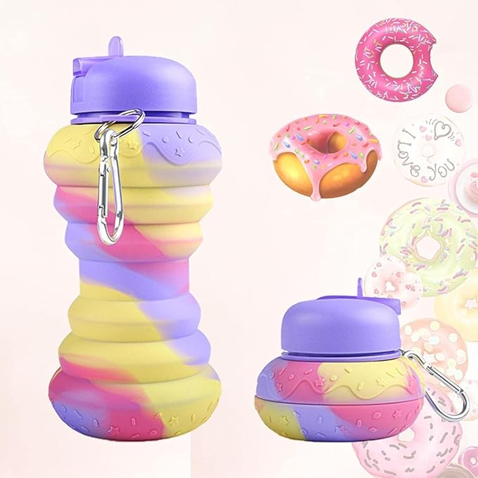 Echo Boomers Donut Shape 600ml Bpa Free Silicone Expand Water Bottle for School, Travel Adventure, Sports, Gym For Kids & Adults (Purple)