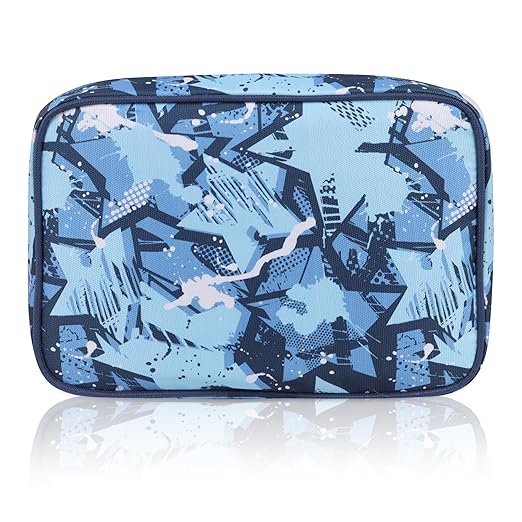 Echo Boomers Stars Printed Small Double-Decker Insulated Lunch Bag with Multi-Zipper Pockets - Blue