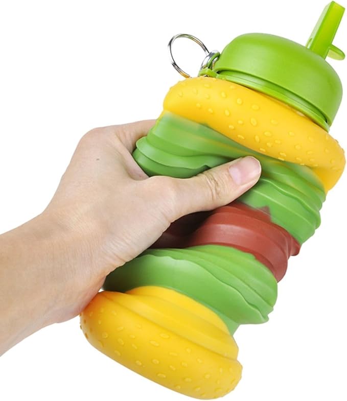 Echo Boomers Burger Shape 600ml Bpa Free Silicone Expand Water Bottle for School, Travel Adventure, Sports, Gym For Kids & Adults (Yellow)