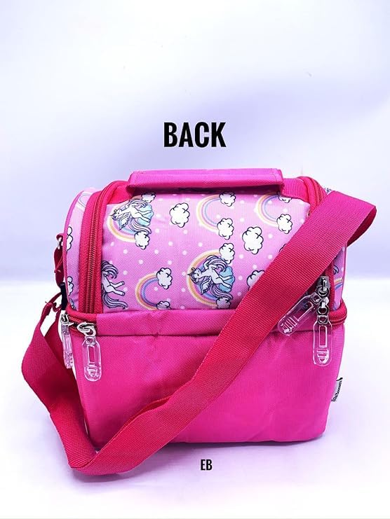 Echo Boomers Unicorn Design Print Backpack|17inch - 3 Compartment School Bags & Unicorn Printed Pink Double Insulated Tiffin Lunch Bag Combo Set