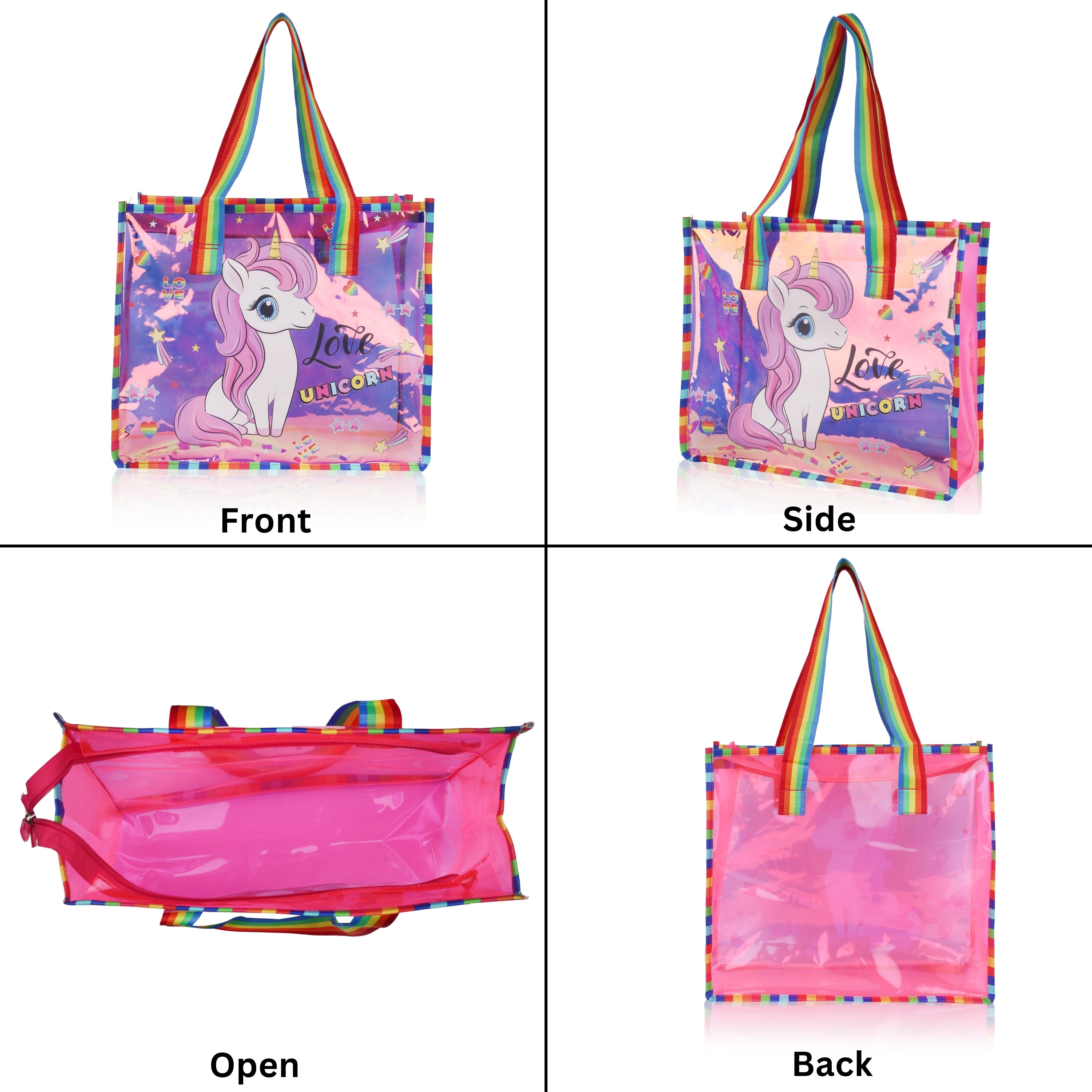 Echo Boomers Cute Mermaid,Magical Unicorn Wings,Astronaut, Stylish Cat,Cute Love Unicorn Transparent 50 GsmTote Bag – Rainbow Handles | Spacious, Durable & Stylish PVC Bag