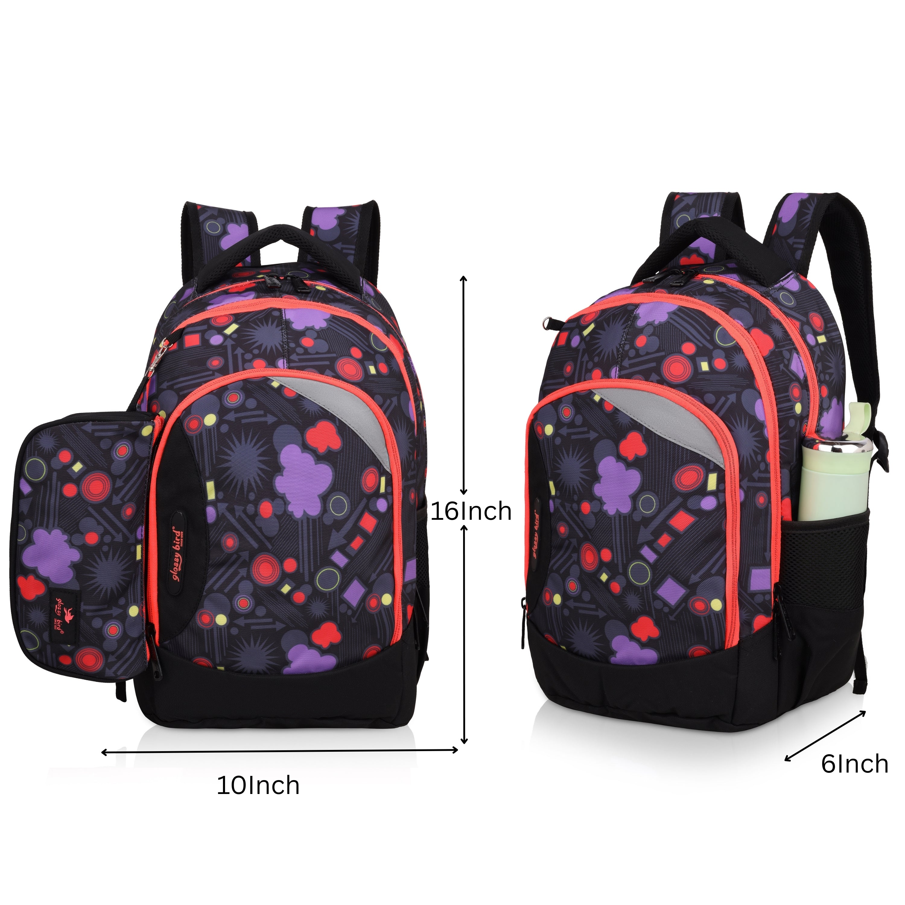 Echo Boomers Glossy Bird Backpack (BLACK) – Lightweight Water-Resistant School Bag for Girls & Boys with Detachable Pouch & Bottle Holder – Stylish Multi-Pocket Travel Backpack