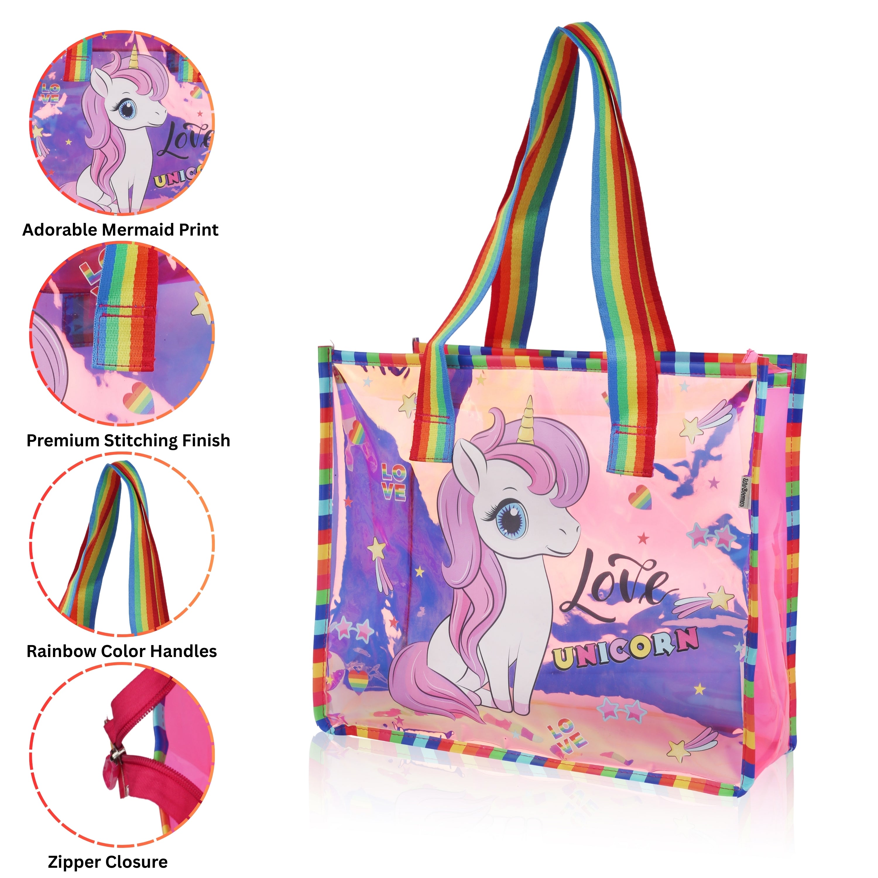 Echo Boomers Cute Mermaid,Magical Unicorn Wings,Astronaut, Stylish Cat,Cute Love Unicorn Transparent 50 GsmTote Bag – Rainbow Handles | Spacious, Durable & Stylish PVC Bag