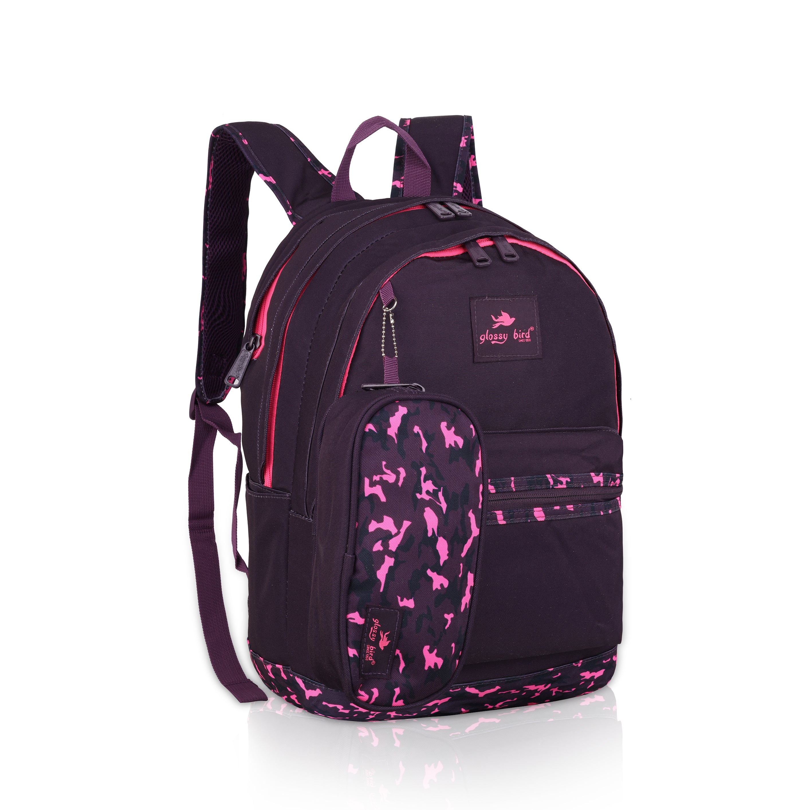 Echo Boomers Glossy Bird Backpack (PURPLE) – Water-Resistant School, Travel & Office Bag for Men & Women with Detachable Pouch, Padded Straps, Multi-Pockets & Reflective Strips