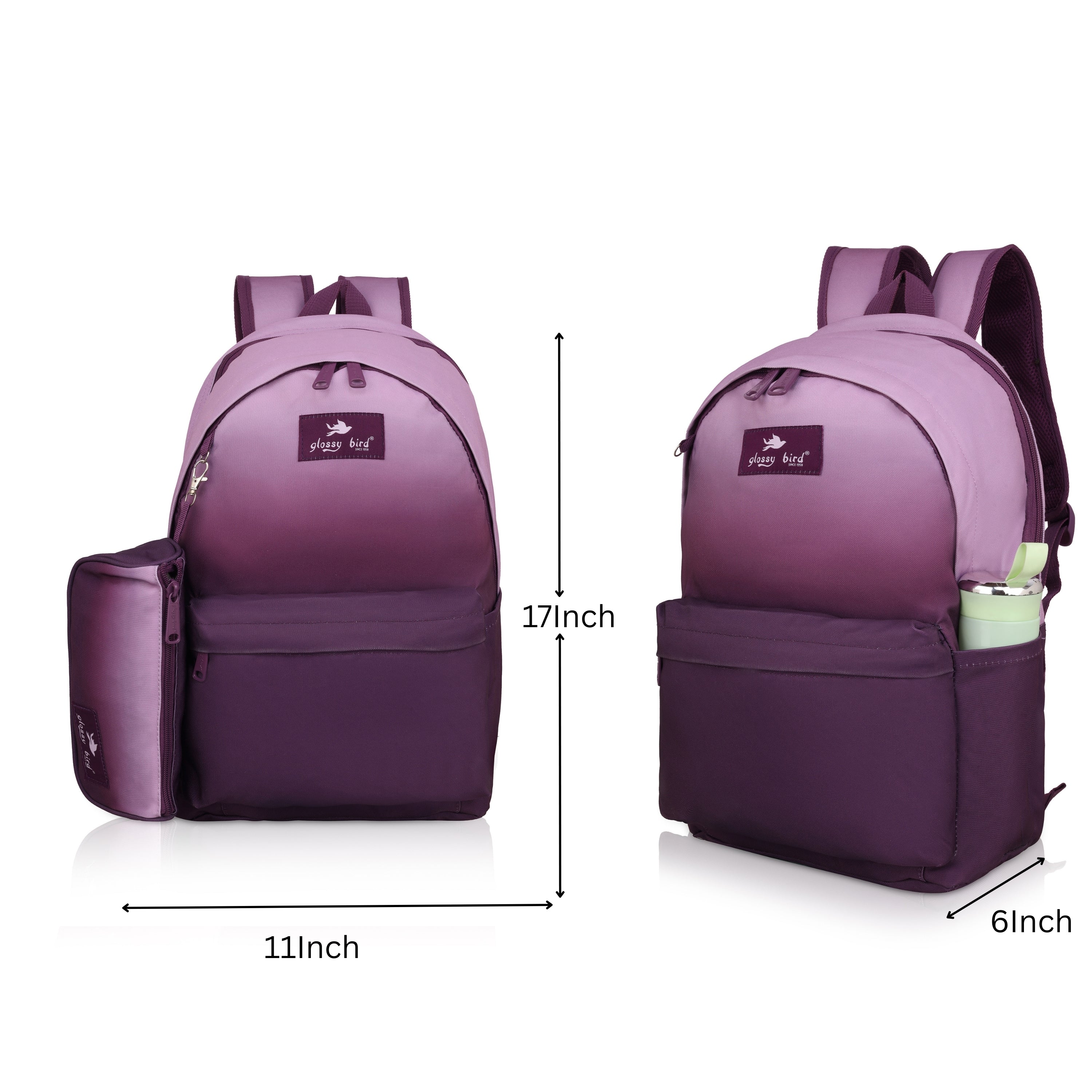 Echo Boomers Glossy Bird Backpack with Pouch – Casual Backpack with Compartments, Front Pocket, Bottle Holder – Ideal for School, College, Travel – Boys, Girls, Men, Women (Pink)
