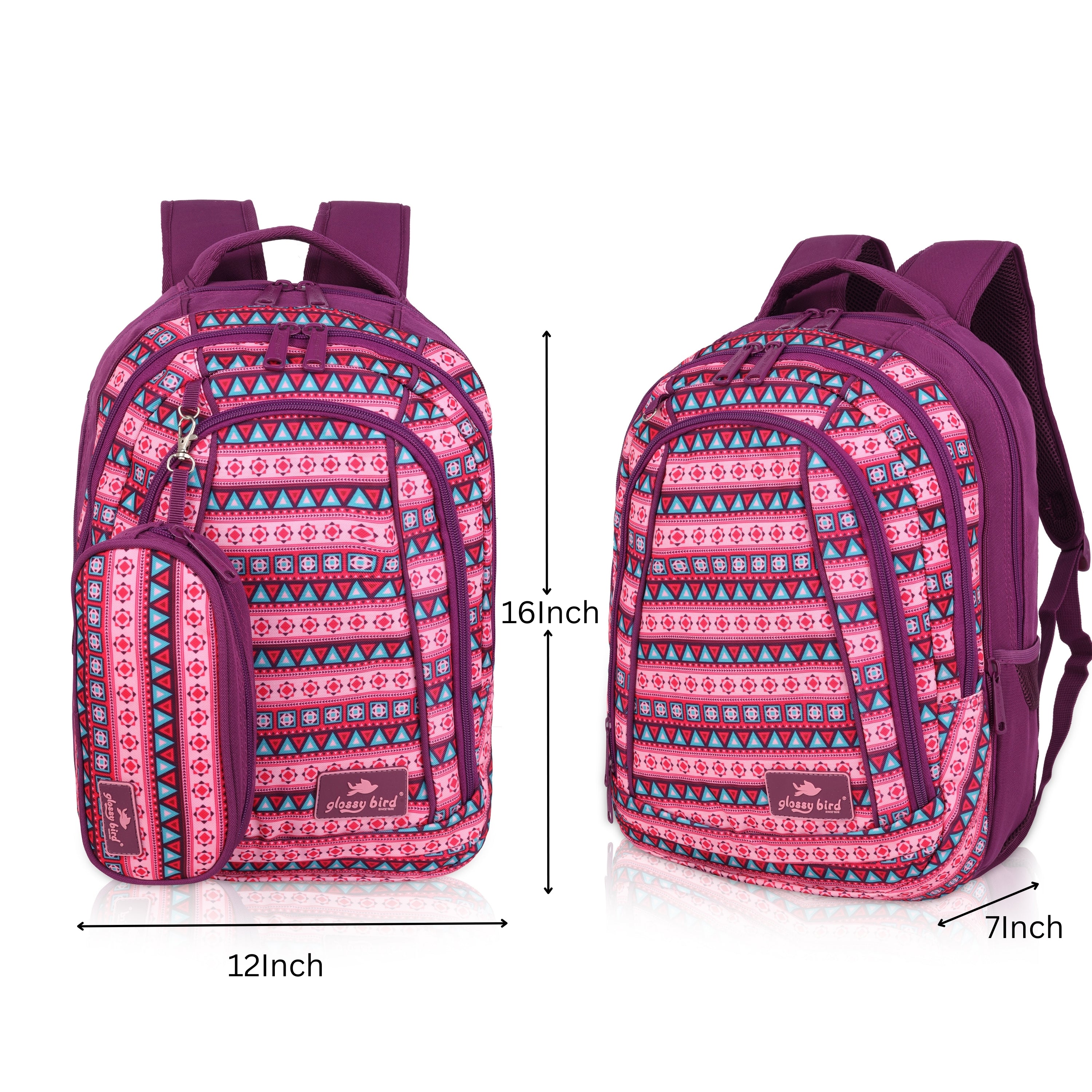 Echo Boomers Glossy Bird Unisex Backpack for School, Office & Travel – Water-Resistant, Lightweight Bag with 4 Compartments, Bottle Holder, Detachable Pouch & Ergonomic Straps (Purple)