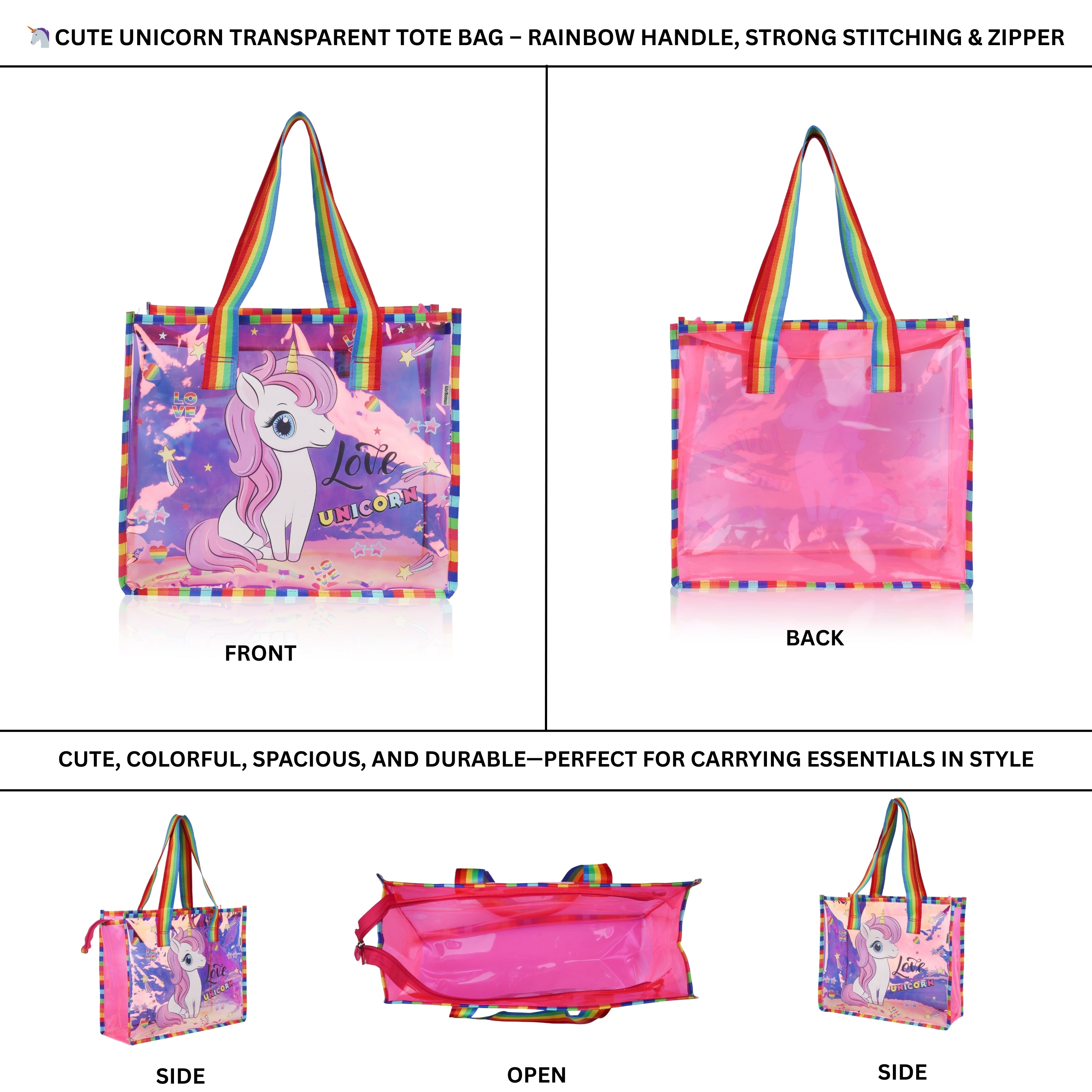 Echo Boomers Cute Mermaid,Magical Unicorn Wings,Astronaut, Stylish Cat,Cute Love Unicorn Transparent 50 GsmTote Bag – Rainbow Handles | Spacious, Durable & Stylish PVC Bag