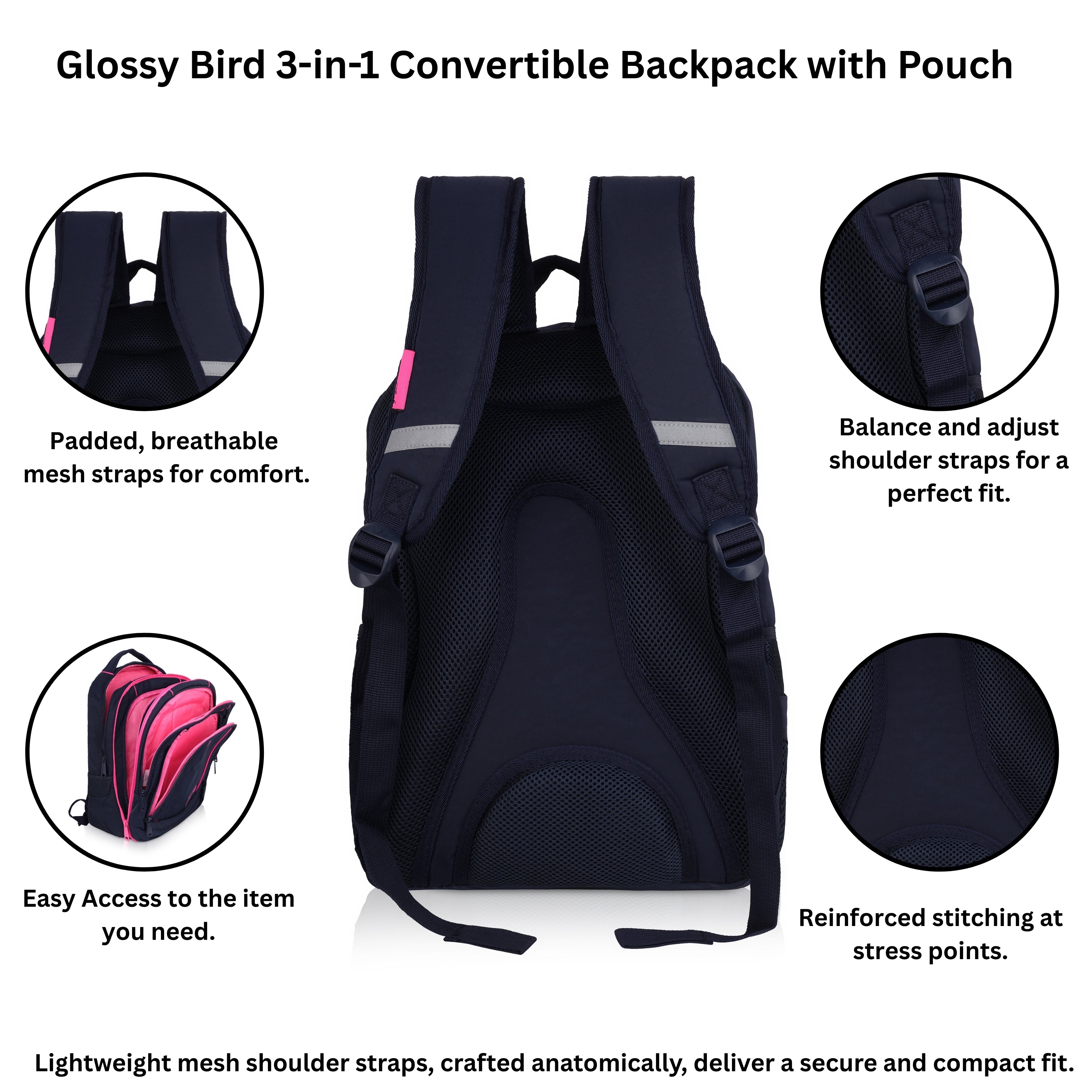 Echo Boomers Glossy Bird Backpack (PINK) – Water-Resistant Unisex Bag with 4 Compartments, Detachable Pouch, Bottle Holder & Padded Straps – School, College, Work & Travel Bag