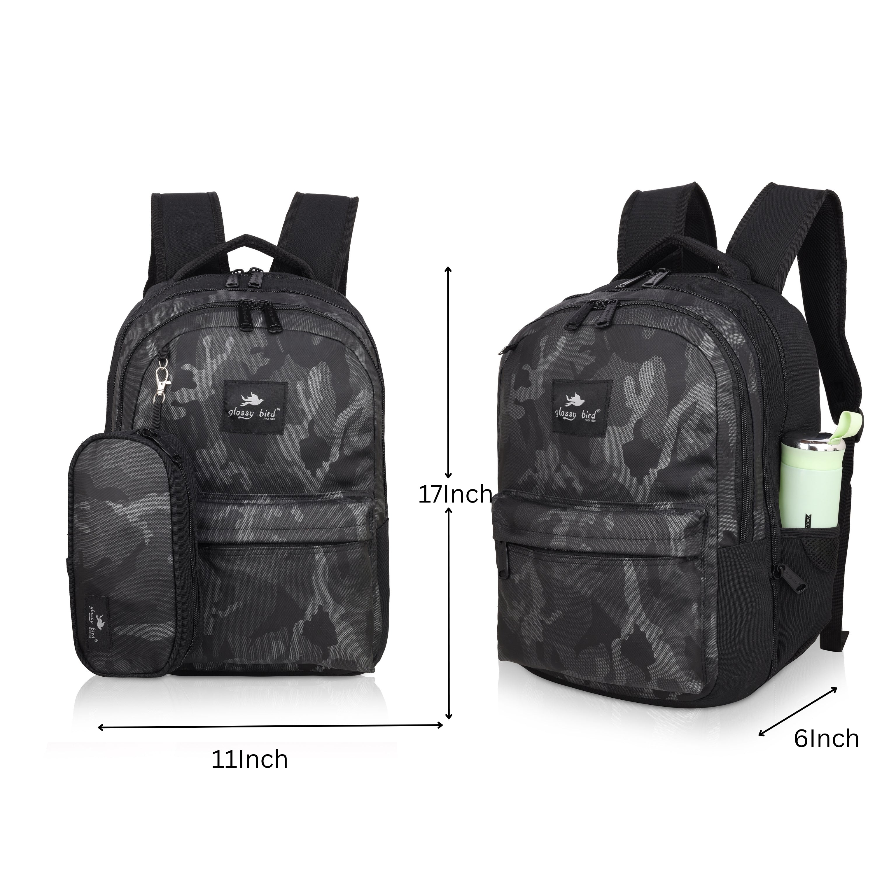 Echo Boomers Glossy Bird Backpack – Water-Resistant Unisex Bag with 4 Compartments, Bottle Holder, Detachable Pouch & Padded Straps – Travel & School Backpack (SKY)
