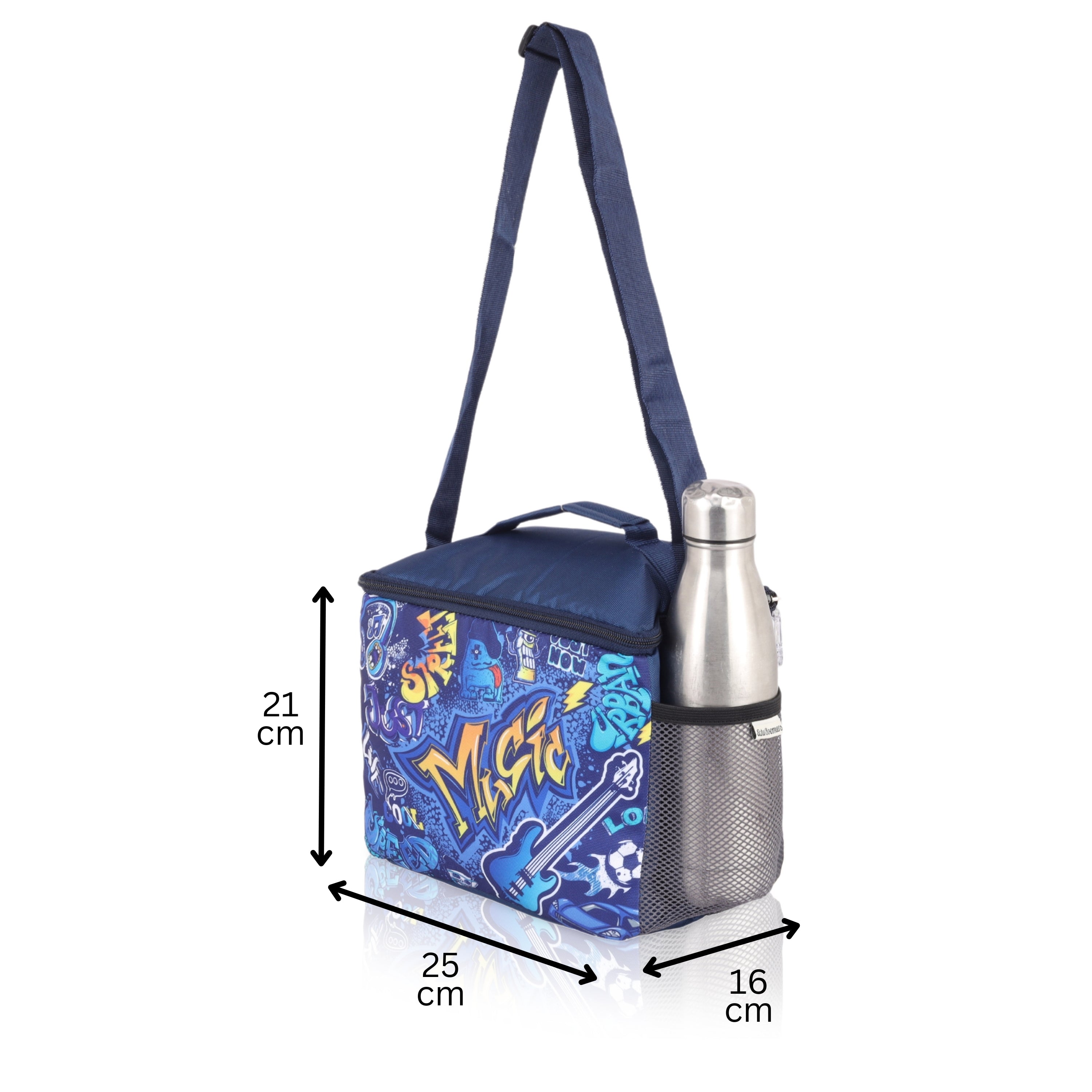 Echo Boomers Music Printed Insulated Lunch Bag, Tiffin and Food Storage Bag for Work, Students, Office, Picnic, College & School with Bottle Holder & Multiple Zipper Pockets (Blue)