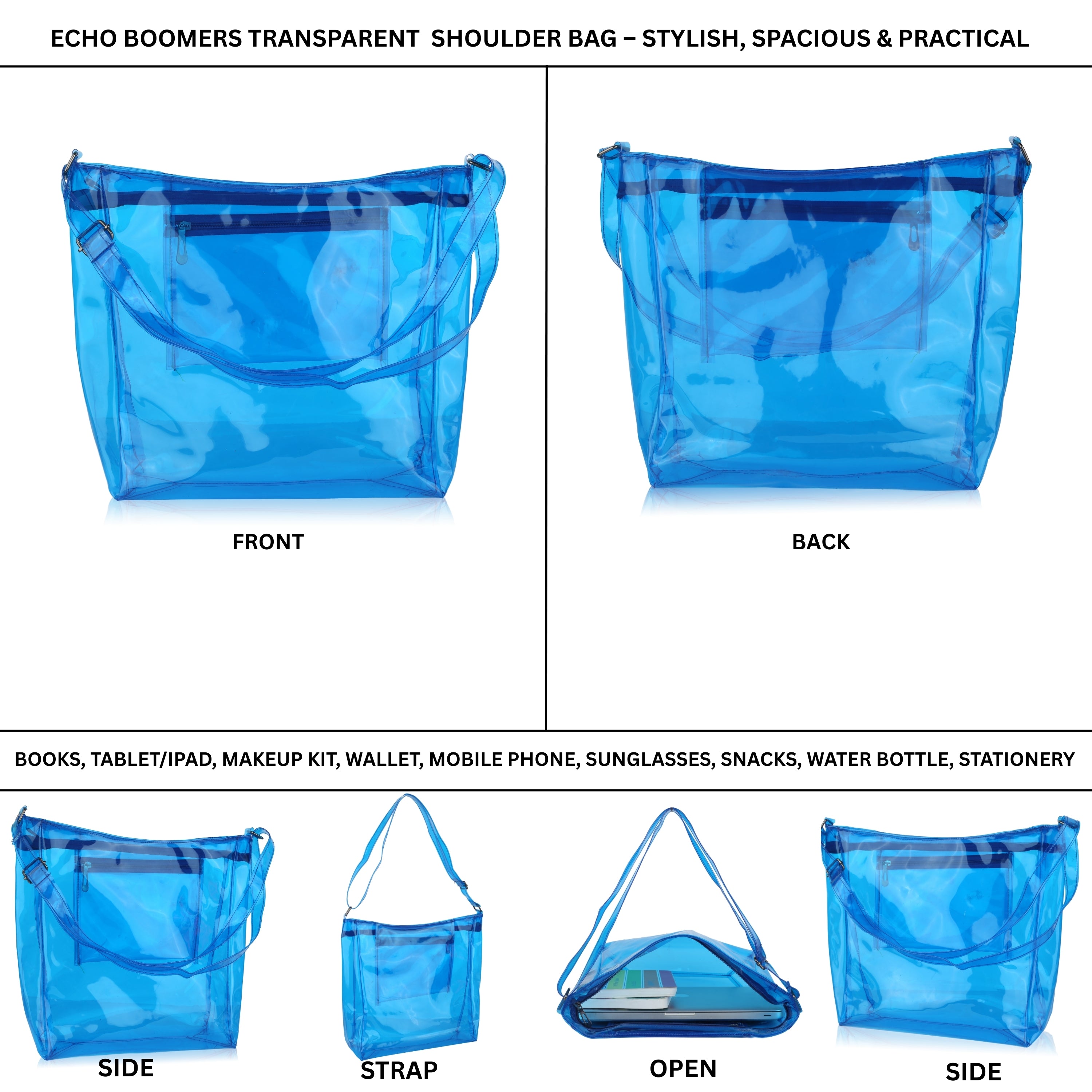 Echo Boomers Transparent Shoulder Bag – Neon Orange, Pink, Green ,Purple, Yellow & Blue| Stylish, Spacious, Durable & Multipurpose PVC Tote