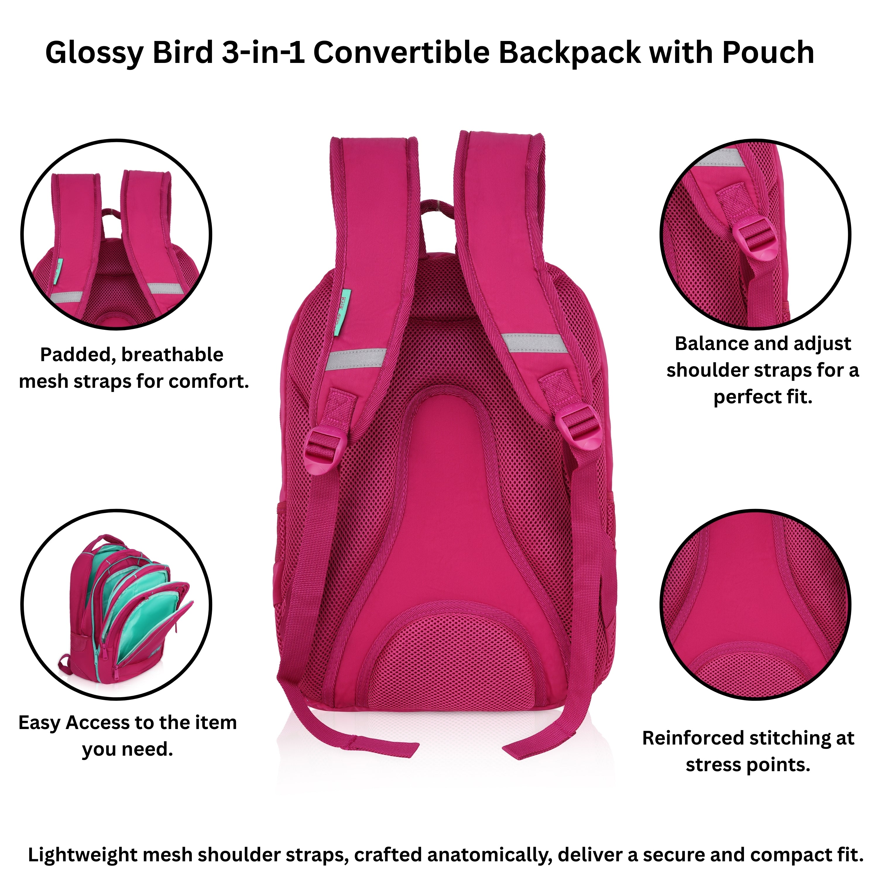 Echo Boomers Glossy Bird Backpack (PINK) – Water-Resistant Unisex Bag with 4 Compartments, Detachable Pouch, Bottle Holder & Padded Straps – School, College, Work & Travel Bag