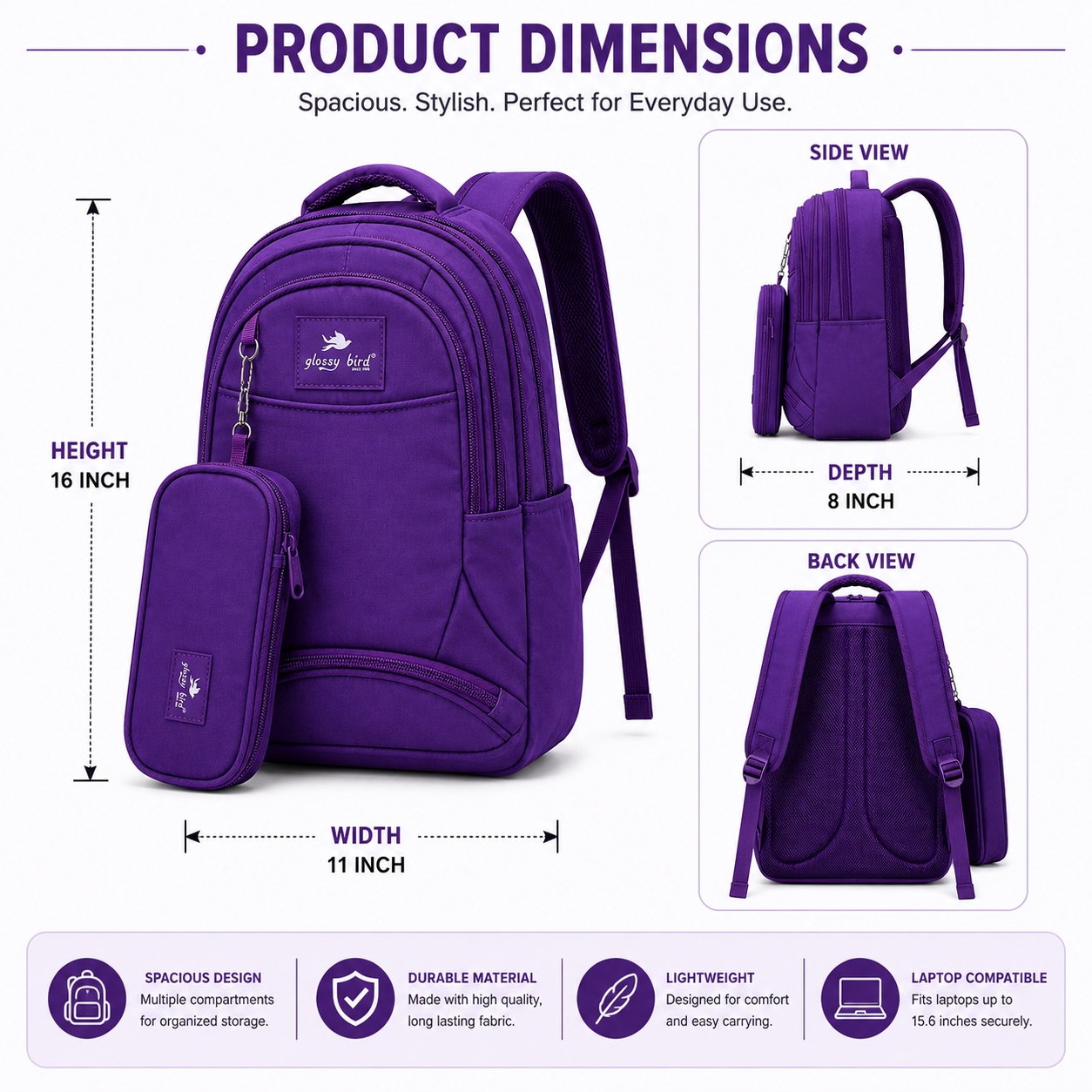 Echo Boomers Glossy Bird Explorer Backpack with Pencil Pouch | Lightweight Water-Resistant School, College, Office & Travel Backpack with Multiple Compartments