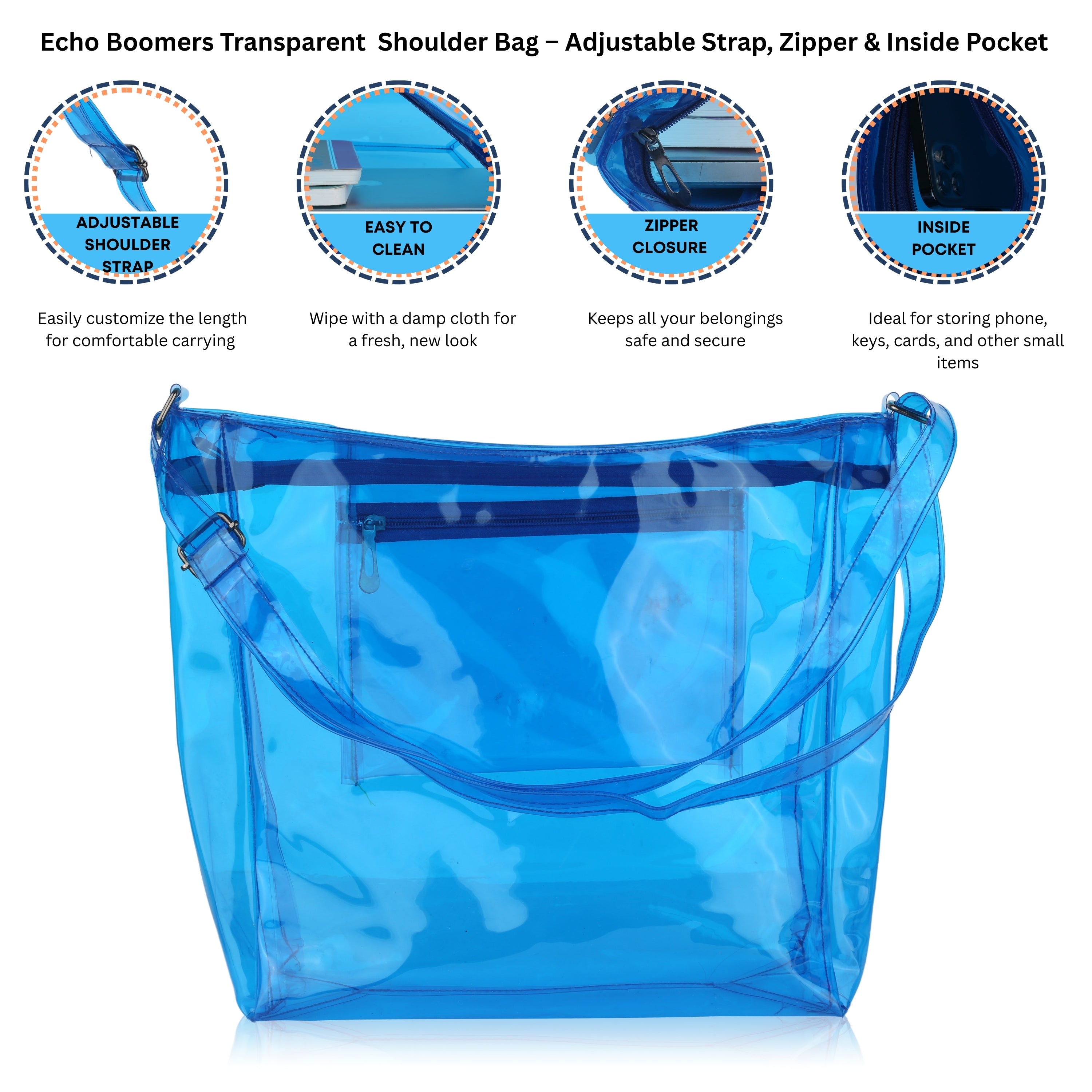 Echo Boomers Transparent Shoulder Bag – Neon Orange, Pink, Green ,Purple, Yellow & Blue| Stylish, Spacious, Durable & Multipurpose PVC Tote