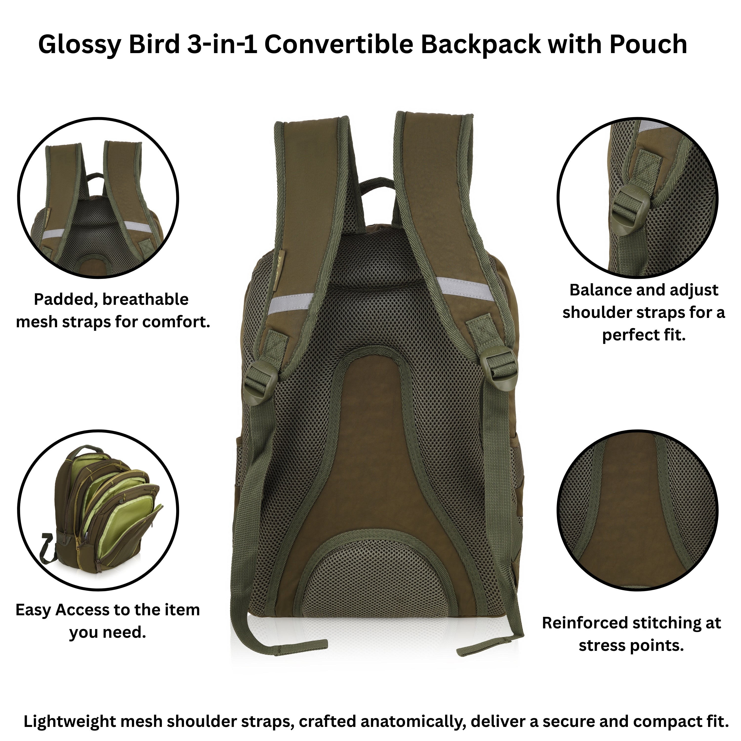 Echo Boomers Glossy Bird Backpack (PINK) – Water-Resistant Unisex Bag with 4 Compartments, Detachable Pouch, Bottle Holder & Padded Straps – School, College, Work & Travel Bag