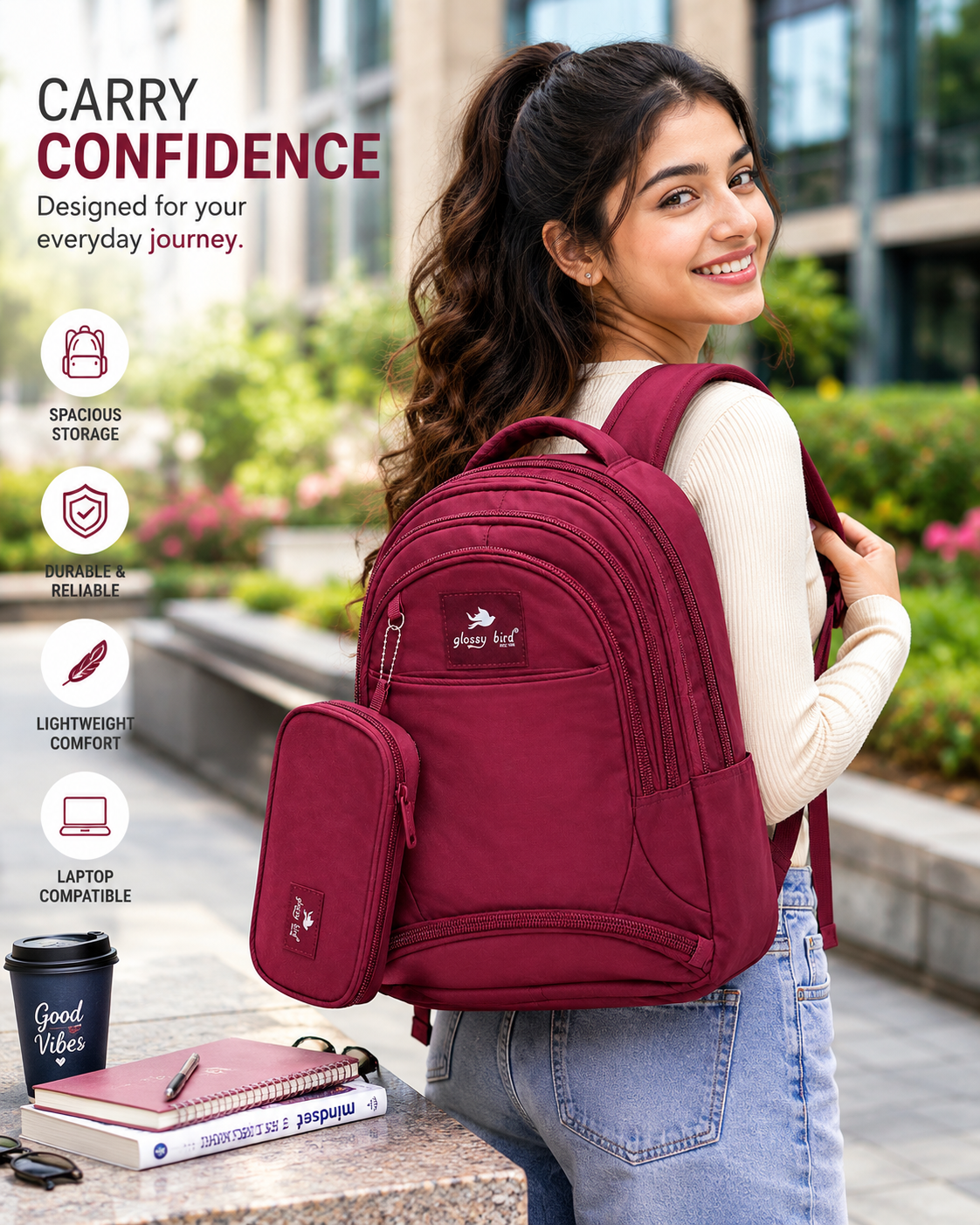 Echo Boomers Glossy Bird Explorer Backpack with Pencil Pouch | Lightweight Water-Resistant School, College, Office & Travel Backpack with Multiple Compartments