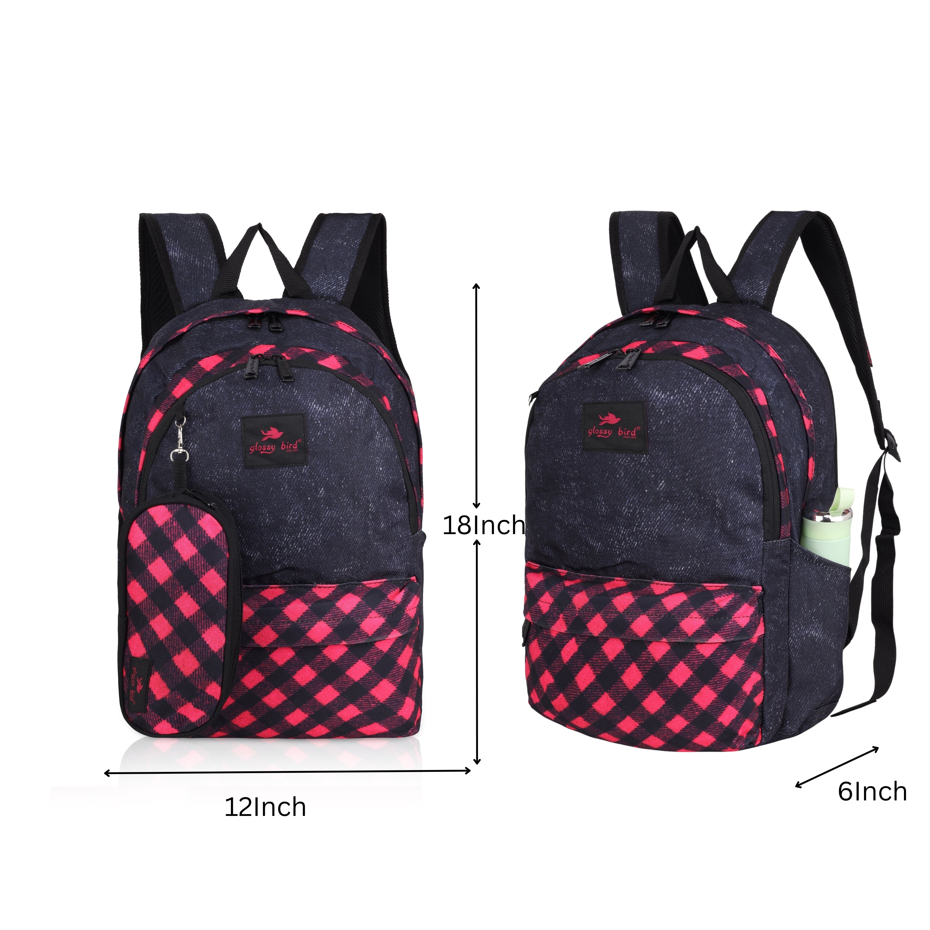 Echo Boomers Glossy Bird 21L Unisex Backpack with Pouch – Stylish Check Design, 3 Compartments, Front Pocket, Bottle Holder – Water-Resistant School, Travel, Office Bag (Yellow