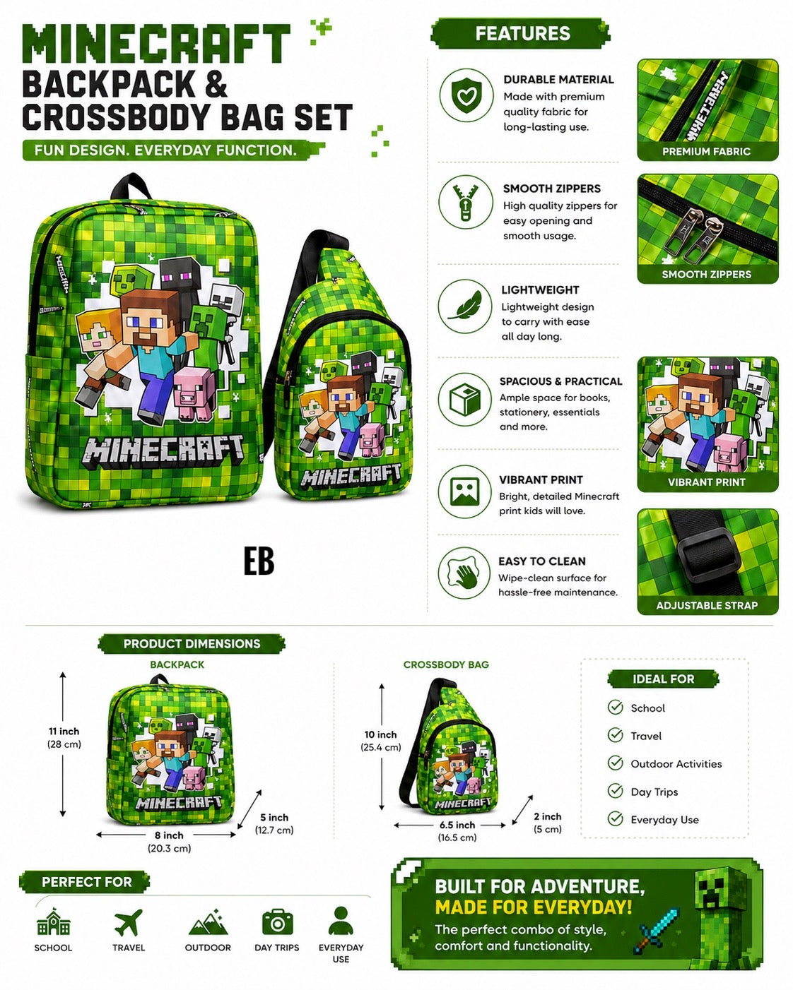 Echo Boomers Kids Backpack & Crossbody Sling Bag Set | Lightweight School Bag Combo for Boys & Girls | Premium Fabric | Smooth Zippers | Adjustable Strap | Vibrant Print