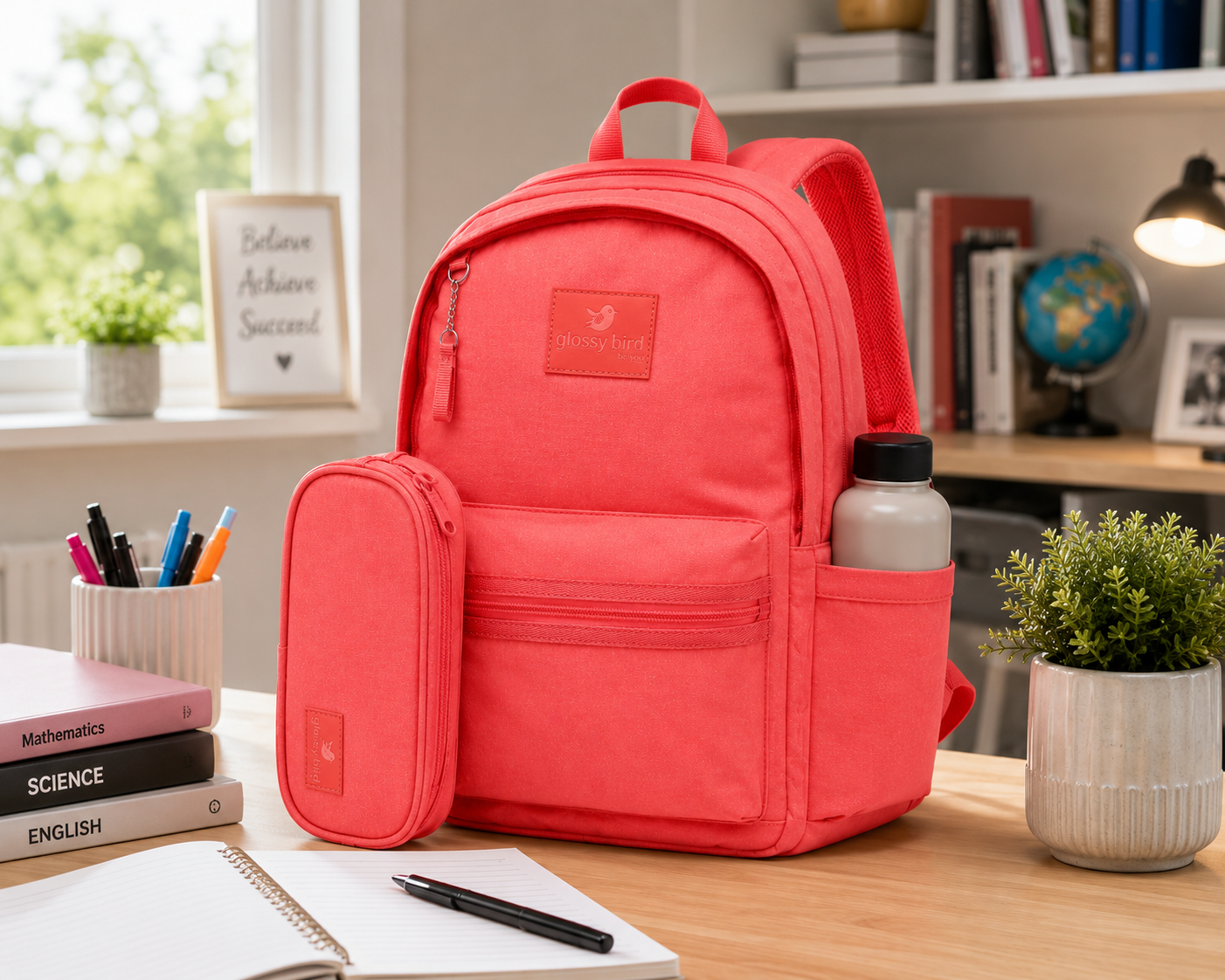 Echo Boomers Glossy Bird Everyday Backpack with Pencil Pouch| Water-Resistant Backpack for School, College, Office & Travel | Lightweight with Multiple Compartments